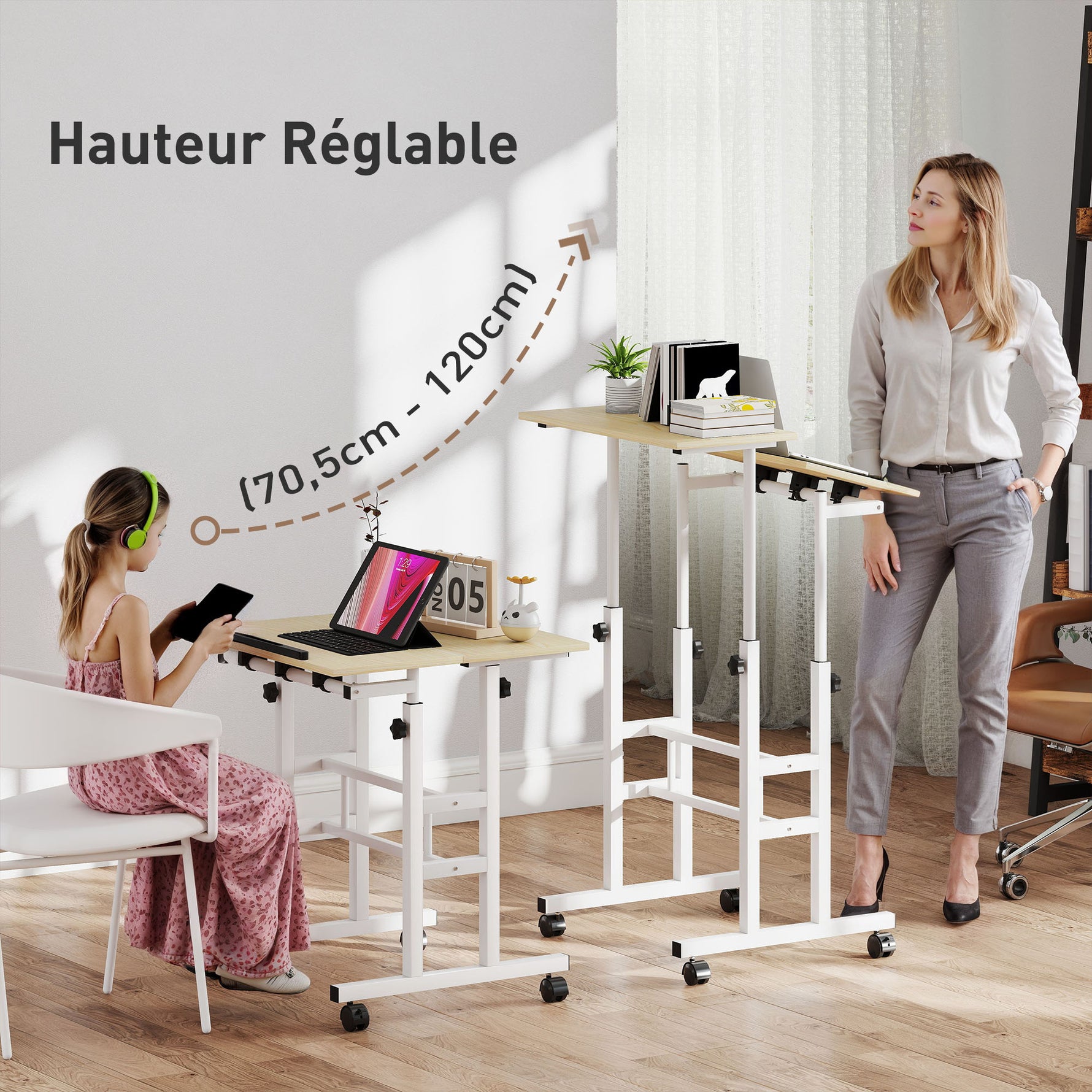 Bureau assis debout bureau réglable en hauteur 60 x 60 cm à roulettes avec plateau inclinable cadre en métal naturel