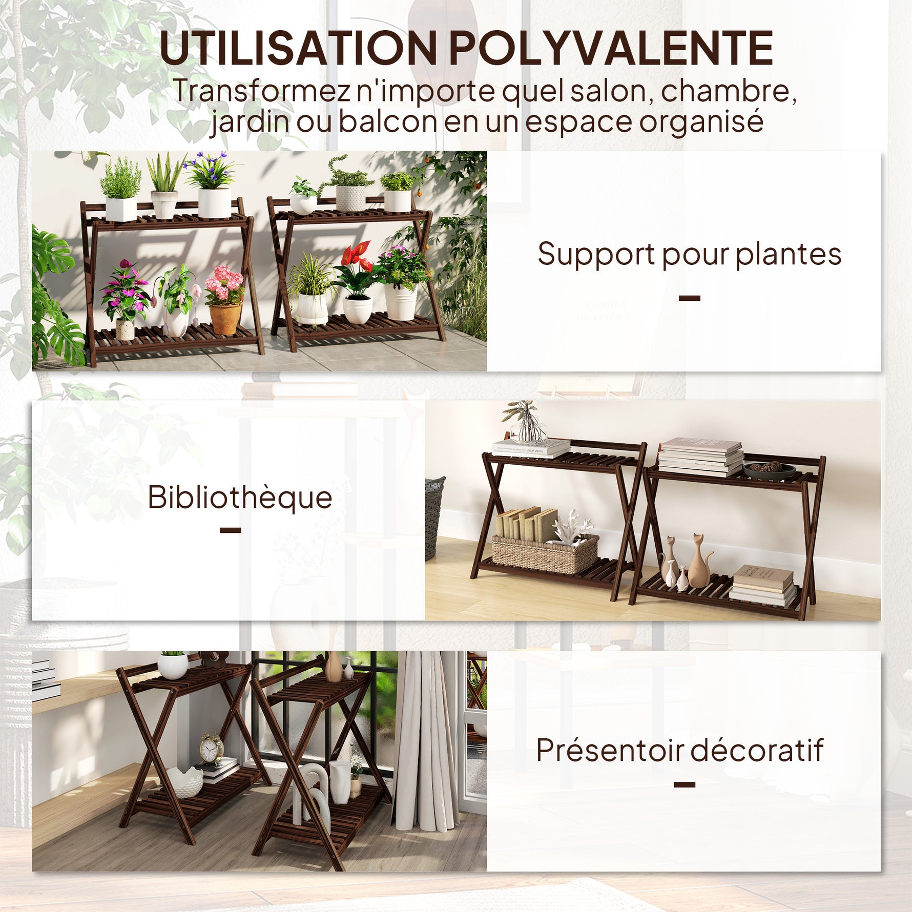 Lot de 2 support plantes intérieur 2 niveaux étagères à plants avec support arrière 73 x 36 x 64 cm marron