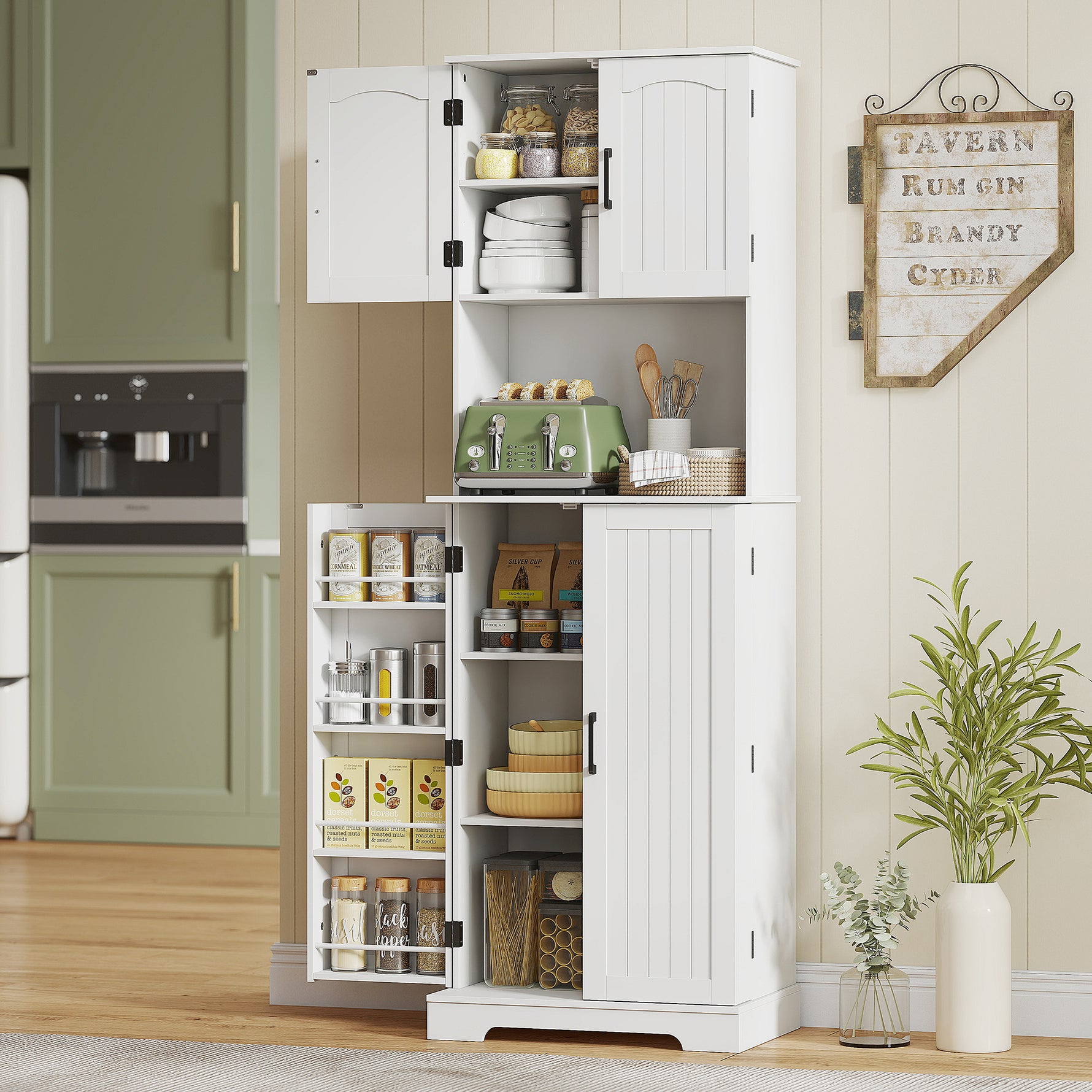 Buffet haut cuisine armoire de cuisine, 4 portes plan de travail 8 porte-épices étagères réglables 60x40x181,5cm blanc