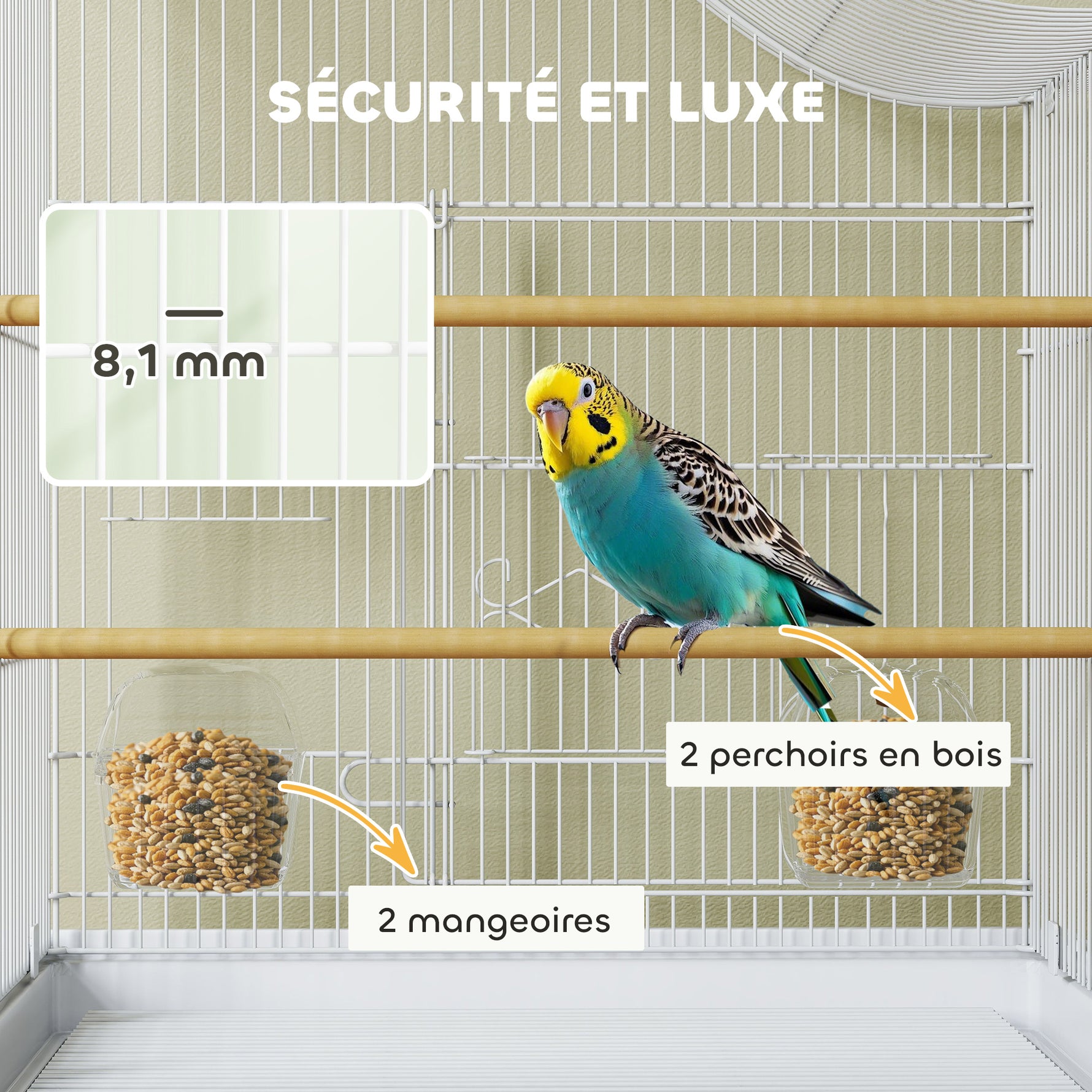 Cage à oiseau volière avec 4 portes, 2 perchoirs, plateau coulissant, pour inséparables perruches 4,7,5x36x54,5cm, blanc