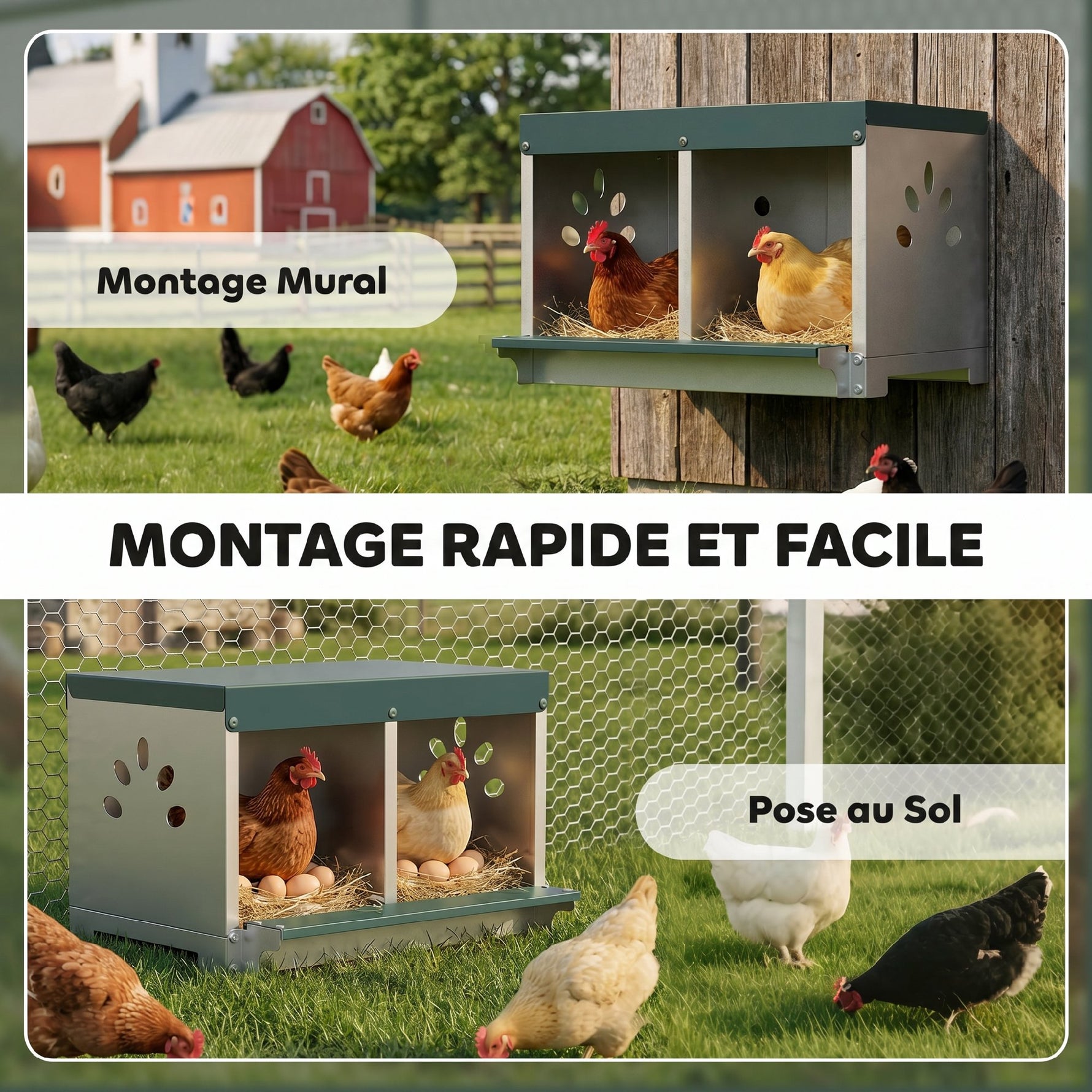 Pondoir à Poules 2 Emplacements, Imperméable, Trous d'Aération, Facile à Nettoyer, 54,5x42,5x35,5cm, Acier, Argent