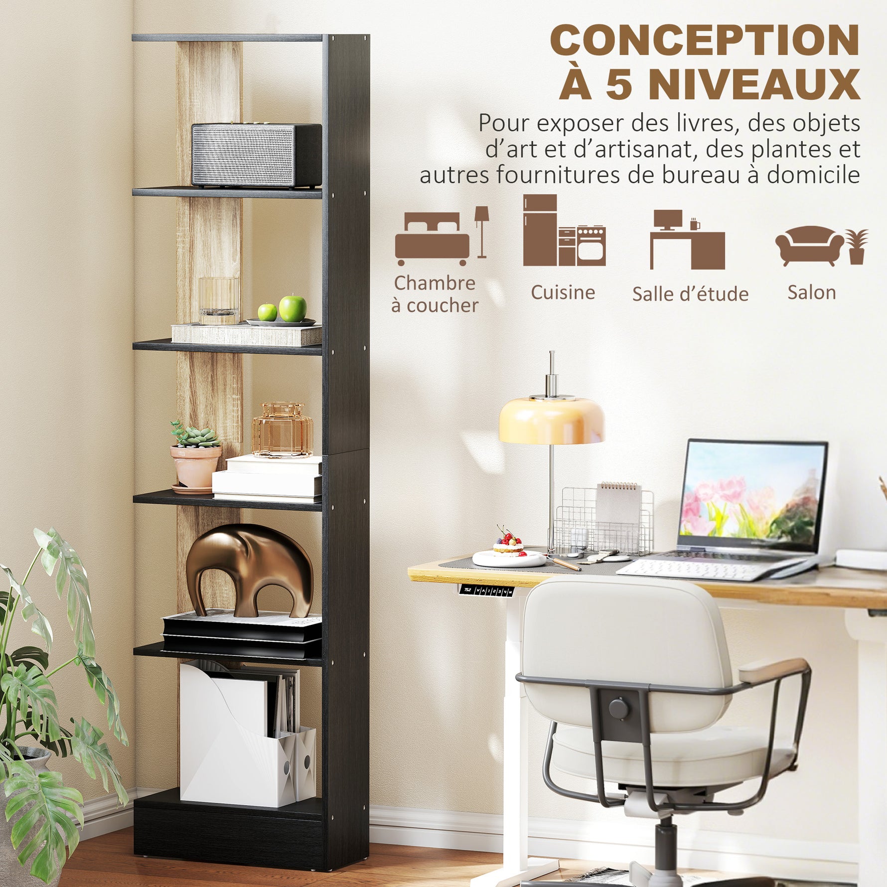 Bibliothèque Étagère de Rangement avec 5 Compartiments Ouverts 45 x 21 x 170 cm Noir et Chêne
