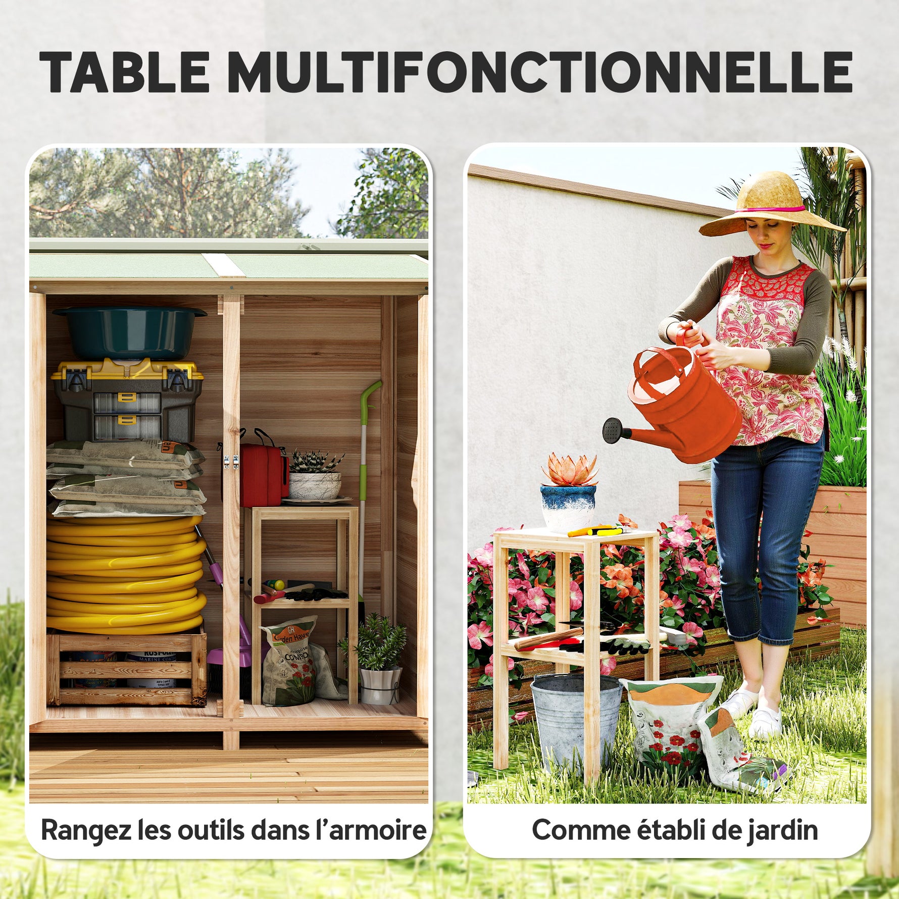 Abri de jardin en bois armoire de jardin en bois avec table, toit en asphalte, 140 x 75 x 157 cm, effet bois naturel