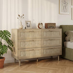 Cómoda de 6 cajones mueble de almacenaje con tejido de ratán dim. 110L x 40an x 75A cm aspecto madera clara