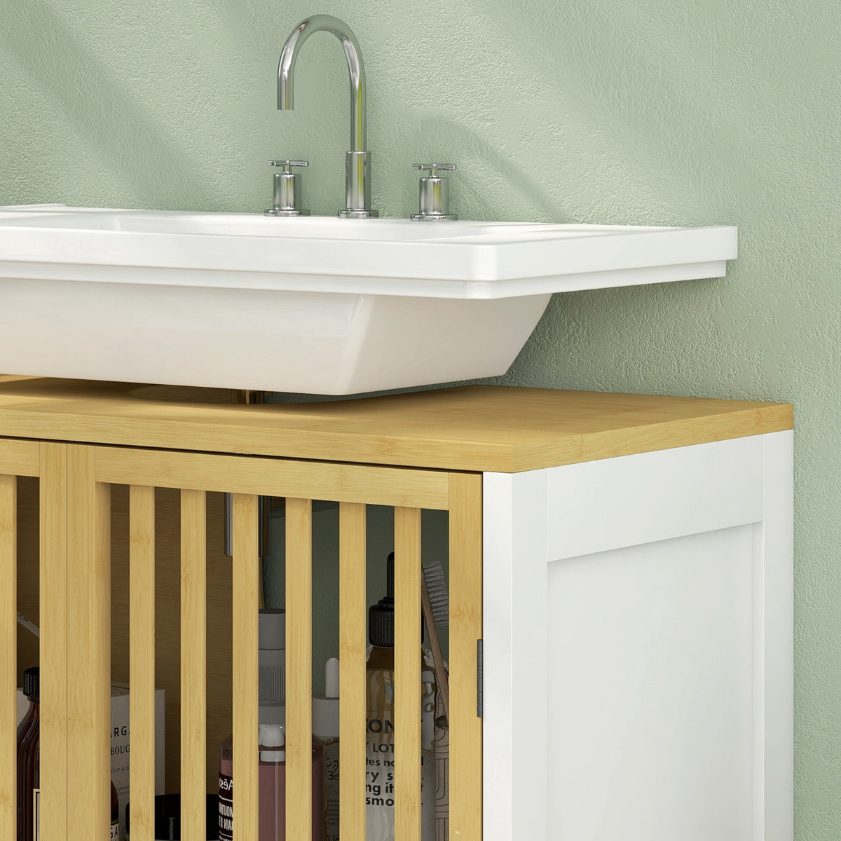 Meuble sous vasque 2 portes avec étagère réglable armoire de rangement pour lavabo 60 x 30 x 70 cm MDF et bambou