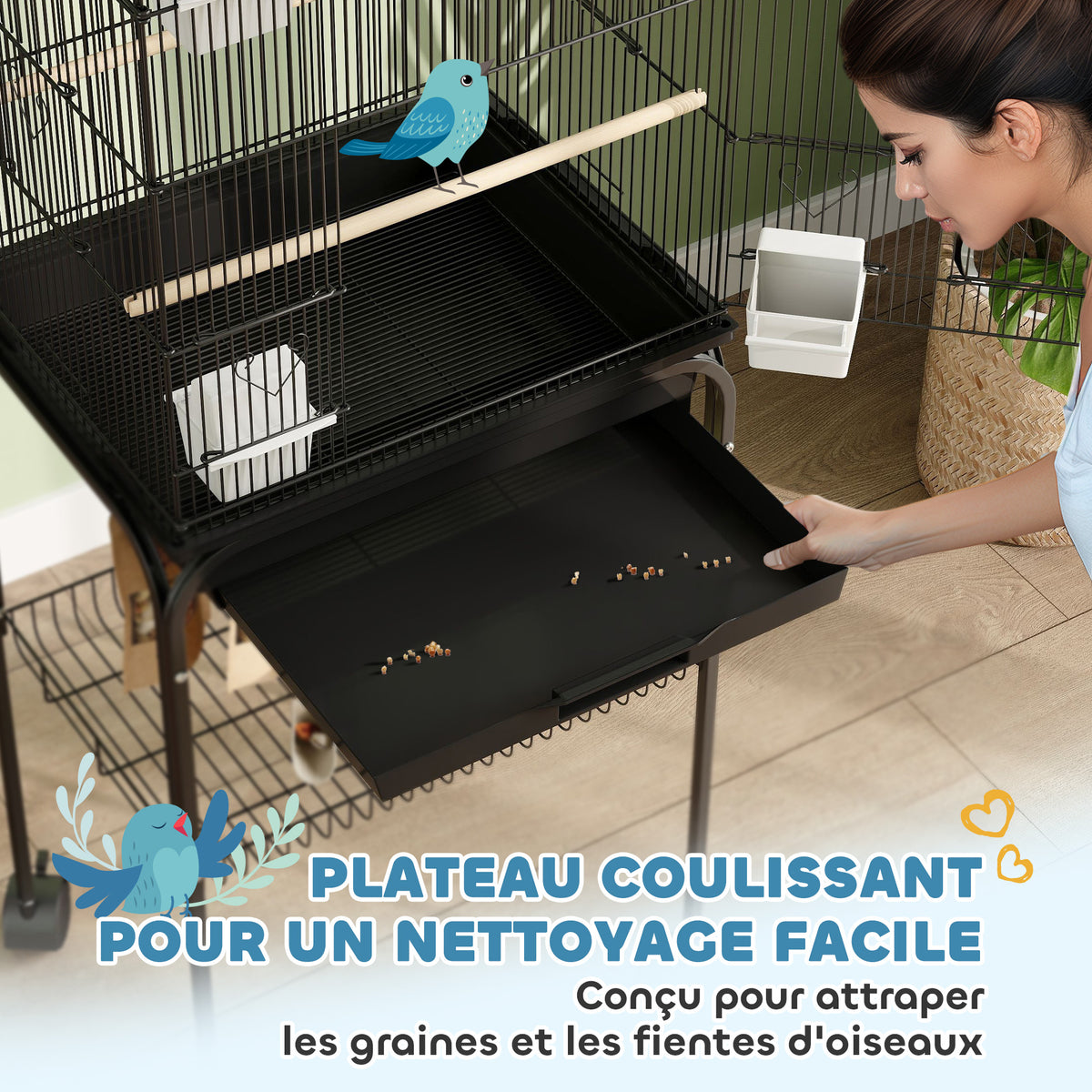 Cage à oiseaux sur pied, volière sur roulettes avec balançoire, support, design maison, 50,5 x 41 x 163 cm en acier noir