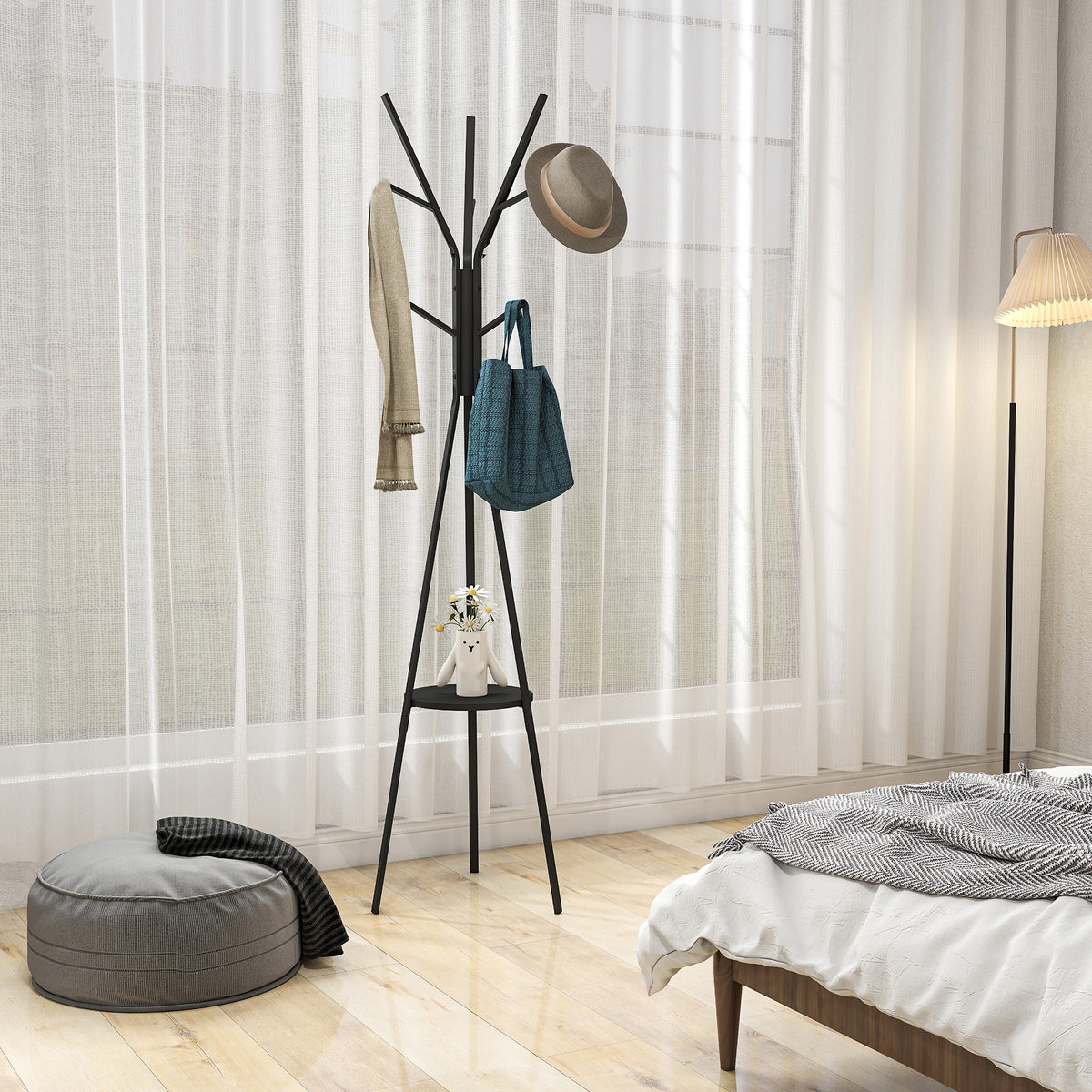 Porte-manteau trépied design contemporain branches étagère + 9 patères dim. 45L x 45l x 180H cm métal noir