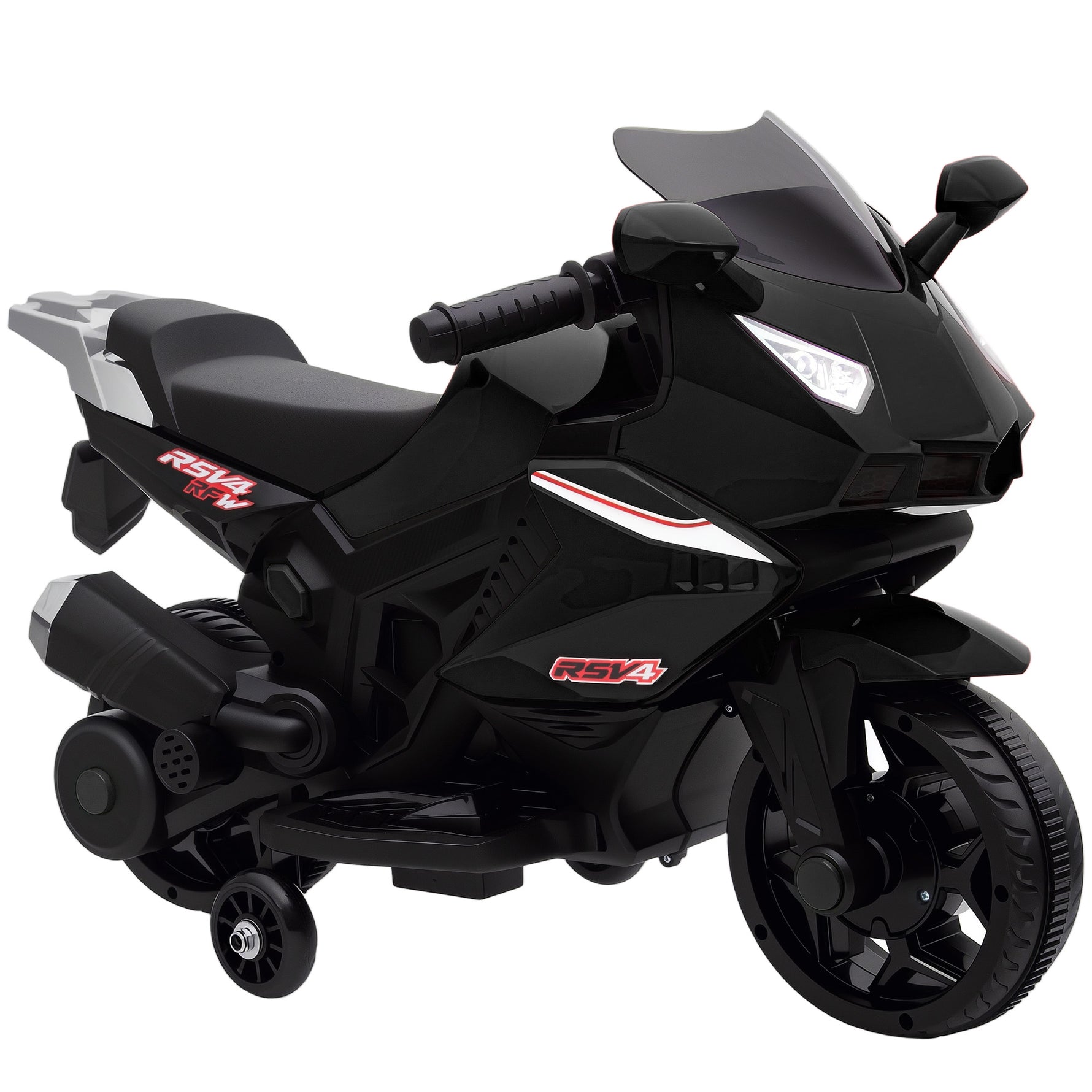 Moto électrique enfants, moto à batterie 6 V avec effets lumineux et sonores, roues d'entraînement, 75x36x49cm, noir