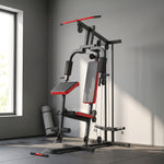 Station de Musculation Multifonction à Disques Libres, avec Banc Amovible, 136x107x205cm, Noir et Rouge
