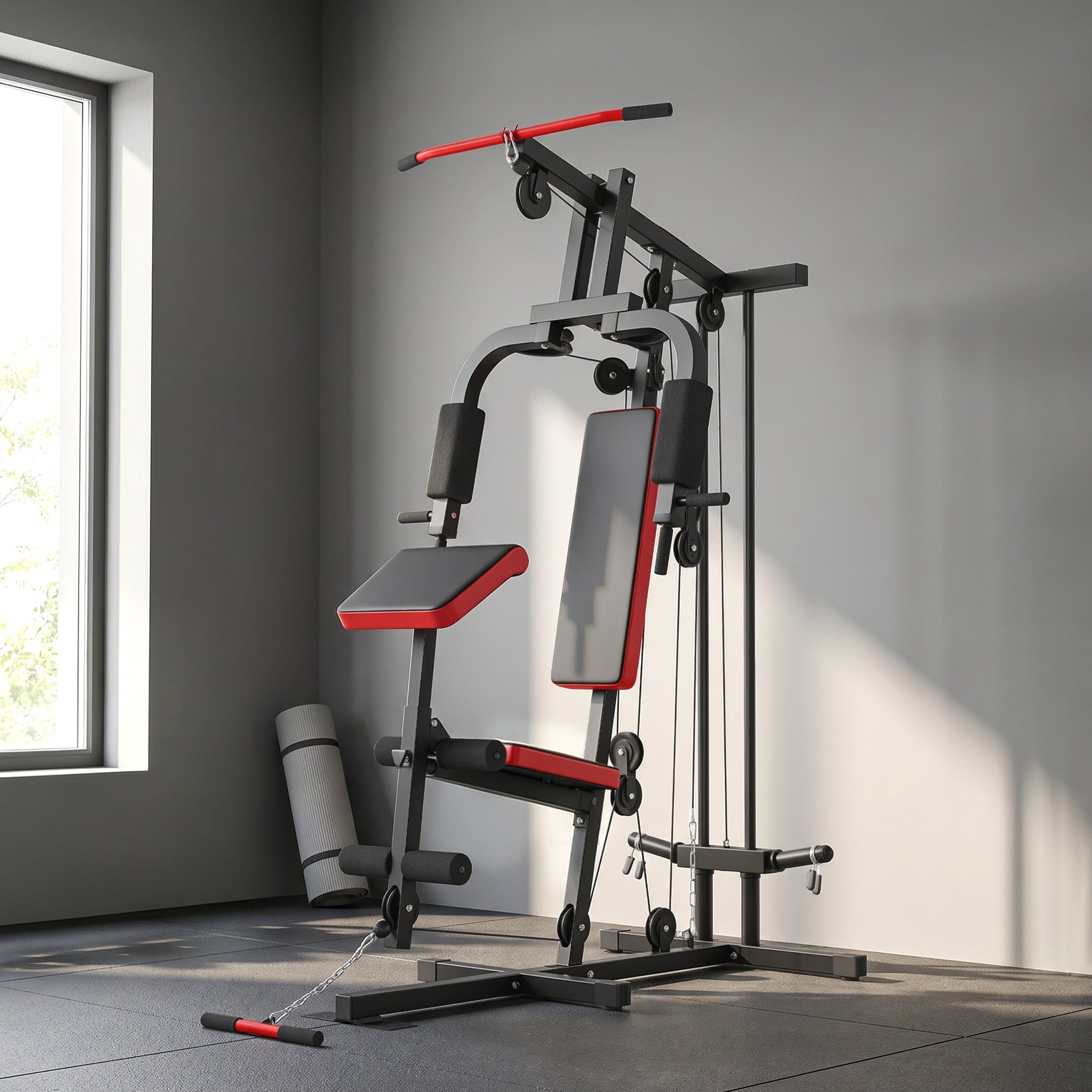 Station de Musculation Multifonction à Disques Libres, avec Banc Amovible, 136x107x205cm, Noir et Rouge