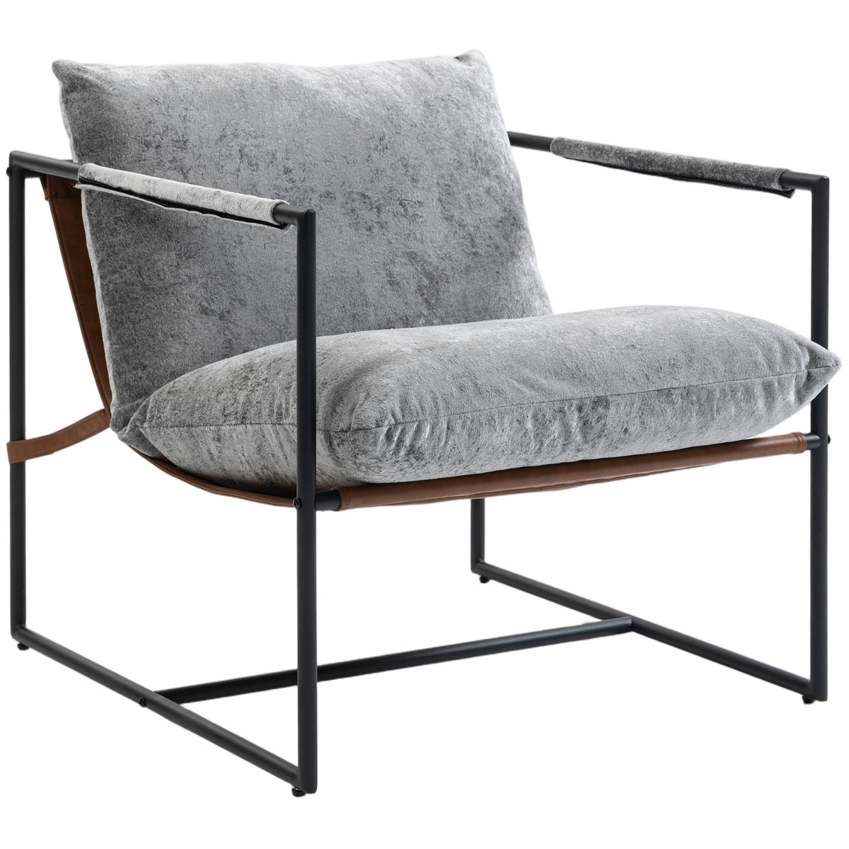 Fauteuil salon, fauteuil d'appoint rembourré en velours imprimé, large assise et structure en acier, 77x91x80cm, gris