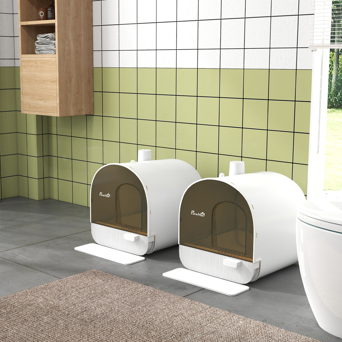 Lot de 2 bacs à litière pour chat maison de toilette porte battante, pelle et filtre inclus dim. 43L x 44l x 47H cm