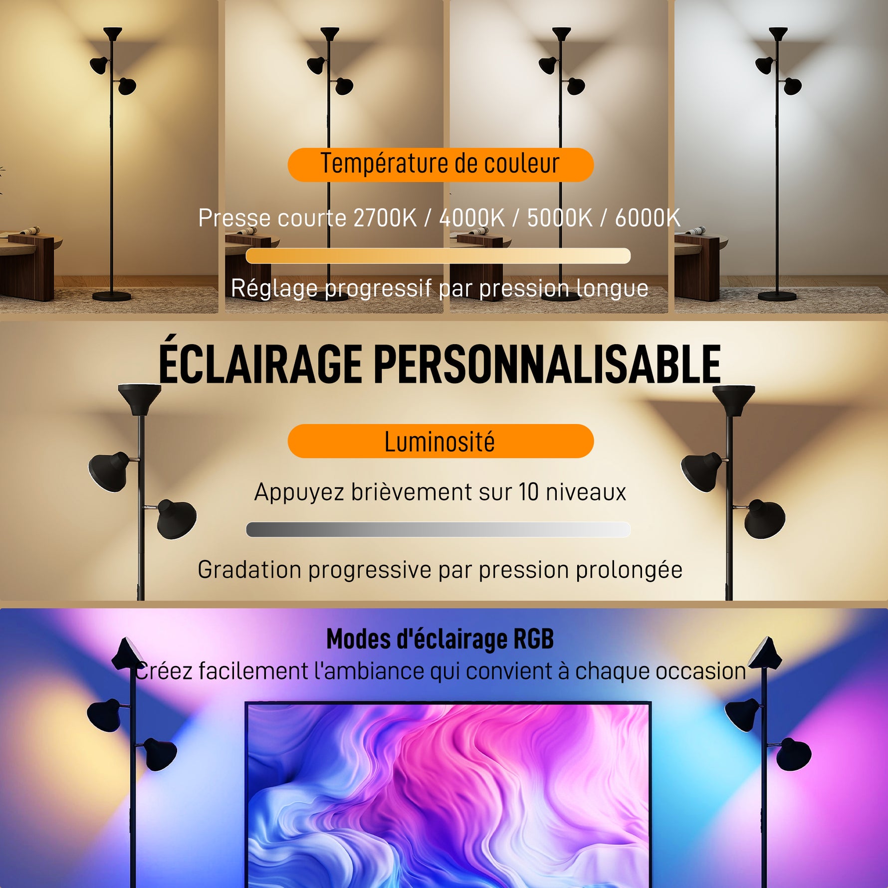 Lampadaire LED lampadaires sur pied salon dimmable 2700K-6000K 4150 lm 3 têtes rotatives Ø 25 x 170 cm noir