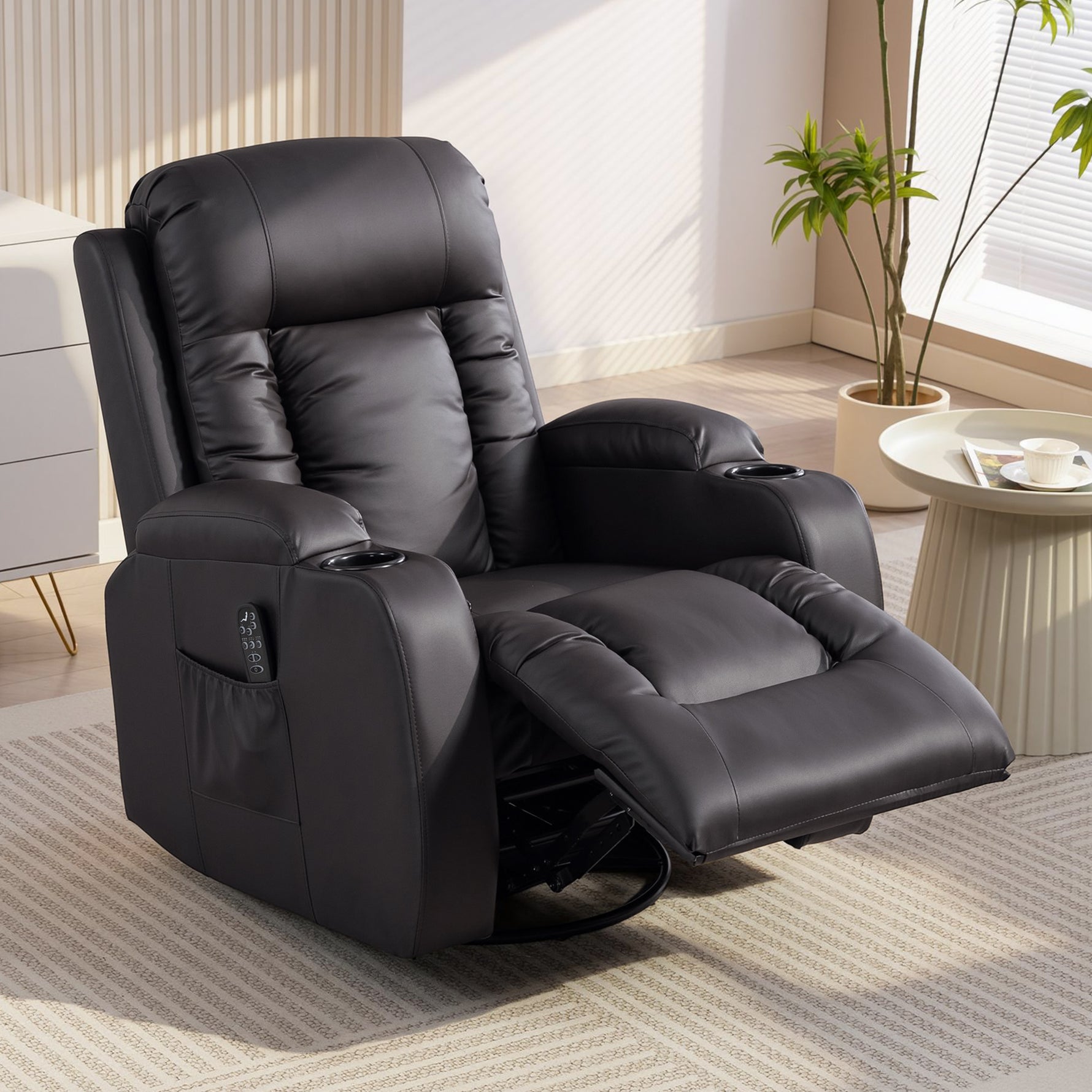 Fauteuil inclinable de massage et chauffage, fauteuil de relaxation, dossier réglable, pivotant 360°, 82x99x103cm, marron