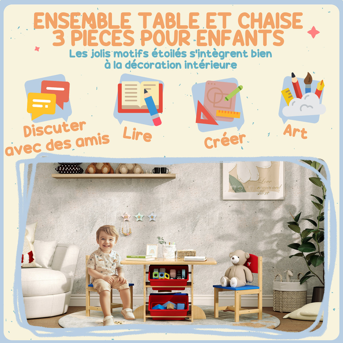 Table enfant avec 2 chaises ensemble table et chaises enfants 3 pièces en bois avec 4 bacs de rangement bois naturel