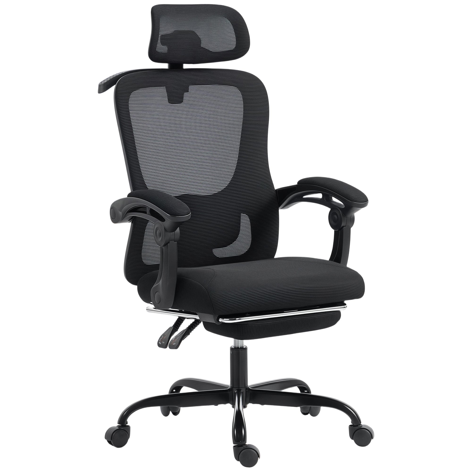 Chaise bureau ergonomique, fauteuil de bureau en maille avec appuie-tête réglable, support lombaire, 64x64x124cm, noir
