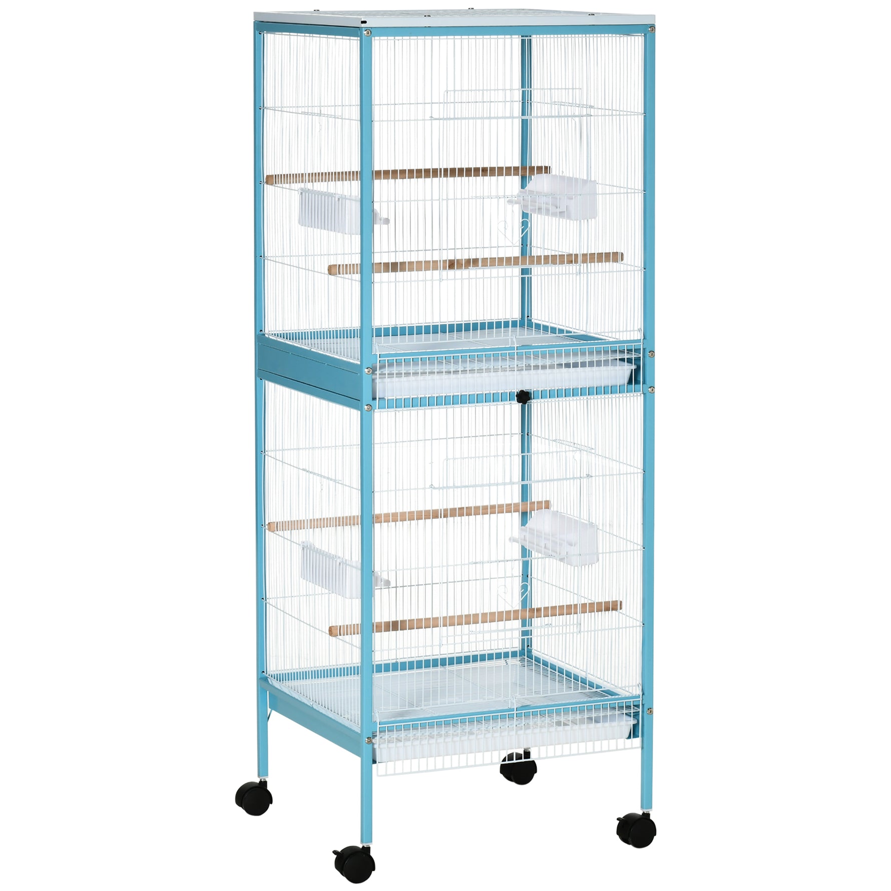 Grande Cage à Oiseaux sur Pied Double avec Mangeoires Perchoirs Plateau Amovible Roulettes 51,5 x 50 x 140 cm Bleu Clair