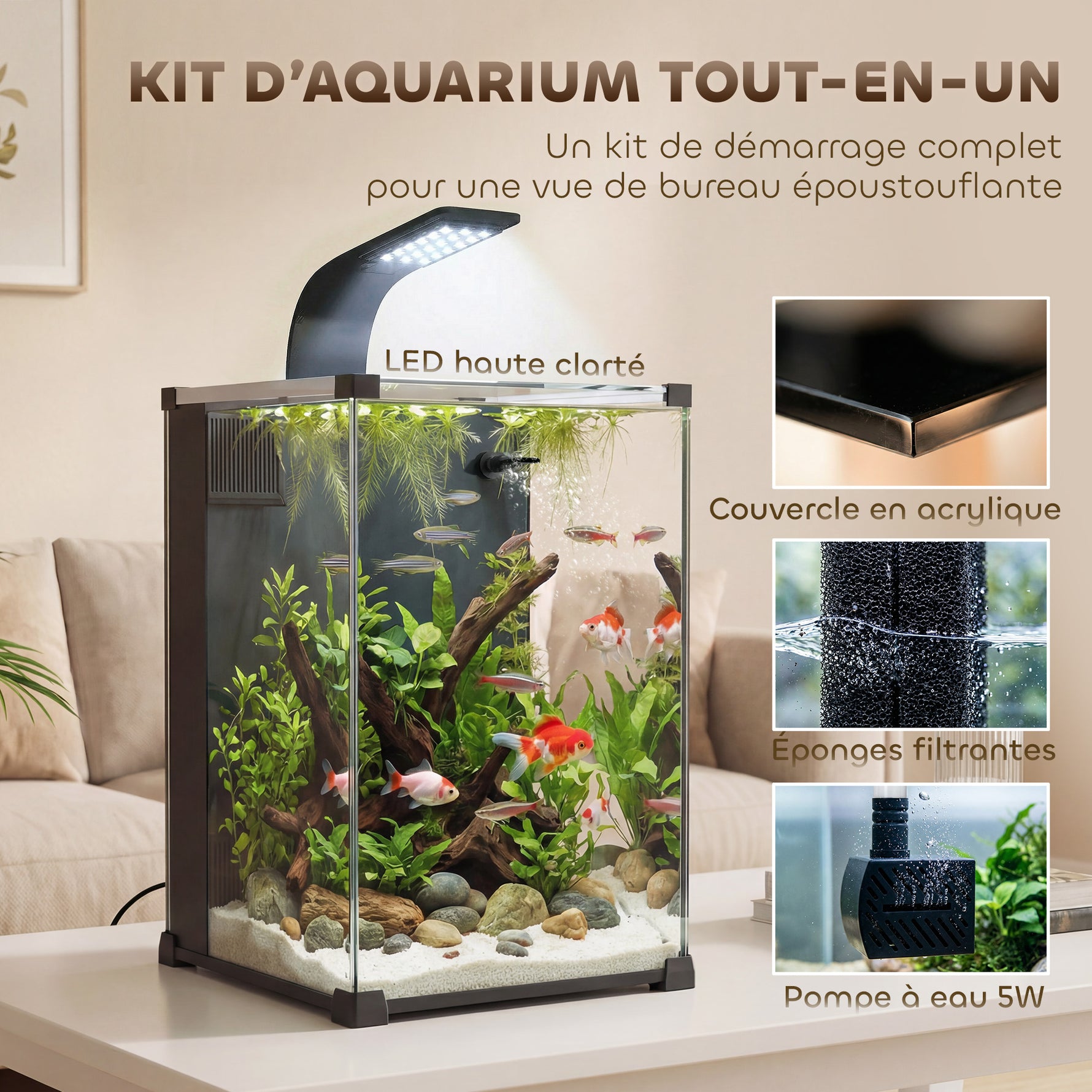 Aquarium en Verre Trempé Nano Aquarium avec Filtre Intégré Pompe 5W et Éclairage LED 30x30x45cm Noir