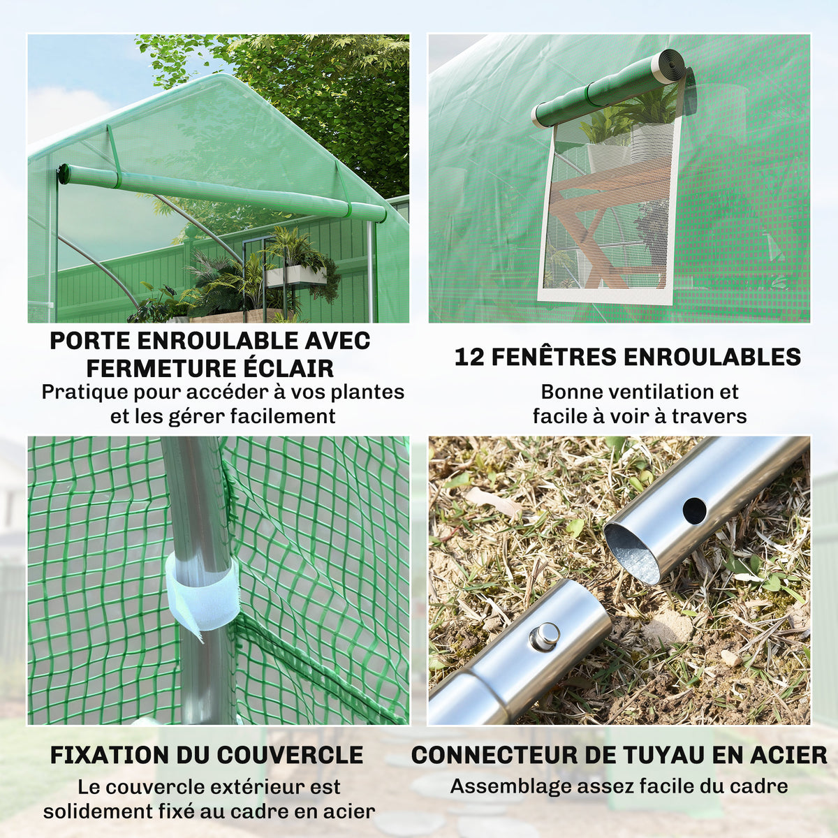 Serre de jardin tunnel grande taille avec bâche PE cadre en acier porte enroulable et 12 fenêtres 8 x 3 x 2 m vert