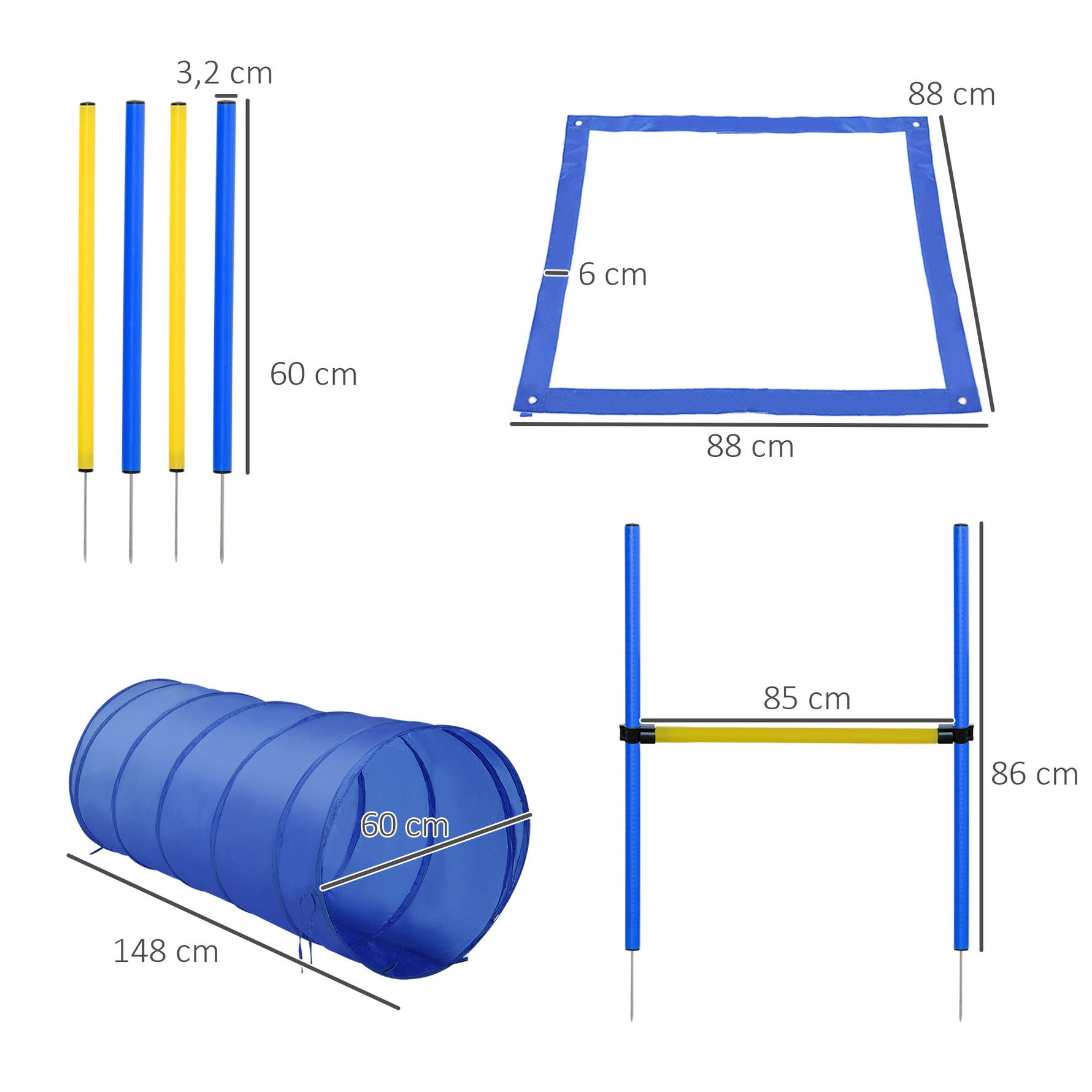 Agility sport pour chiens équipement complet obstacles, tunnel, slalom, zone repos + 2 sacs de transport bleu jaune