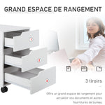 Caisson bureau mobile avec 3 tiroirs, meuble rangement bureau sur roulettes pour documents et imprimante, caisson de rangement compact pour travail ou chambre, 40x50x57,5cm, blanc