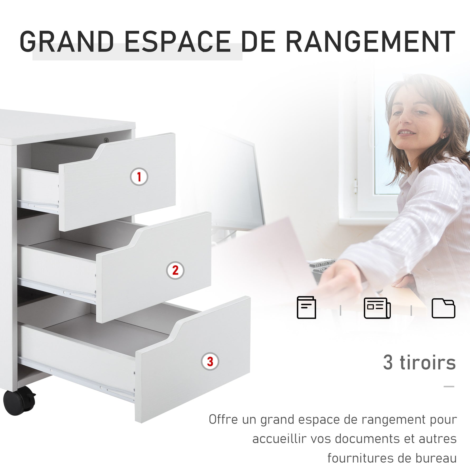 Caisson bureau mobile avec 3 tiroirs, meuble rangement bureau sur roulettes pour documents et imprimante, caisson de rangement compact pour travail ou chambre, 40x50x57,5cm, blanc