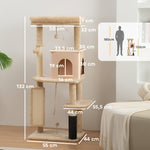 Arbre à chat, tour de jeux, hauteur de 132 cm, avec lit, maison, brosse de toilettage,  55 x 44 x 132 cm, beige