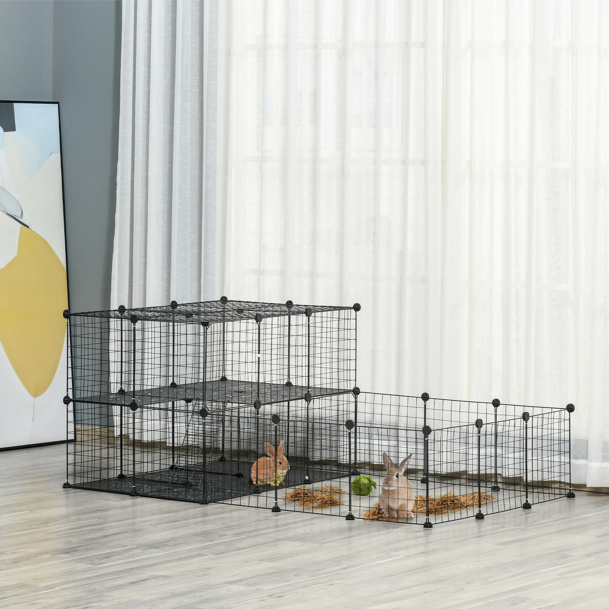 Parc enclos modulable DIY, 2 niveaux, enclos pour petits animaux, hamsters, lapins, cochon d'inde, panneaux grillagés, 45 panneaux, 175 x 105 x 70 cm, noir