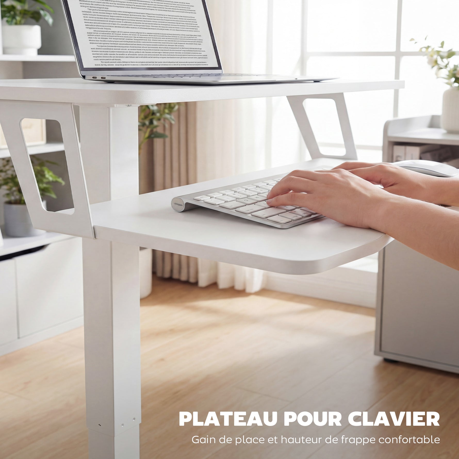 Bureau Assis-Debout Réglable en Hauteur, Bureau Mobile avec Plateau pour Clavier, Roulettes et Cadre en Acier, Blanc