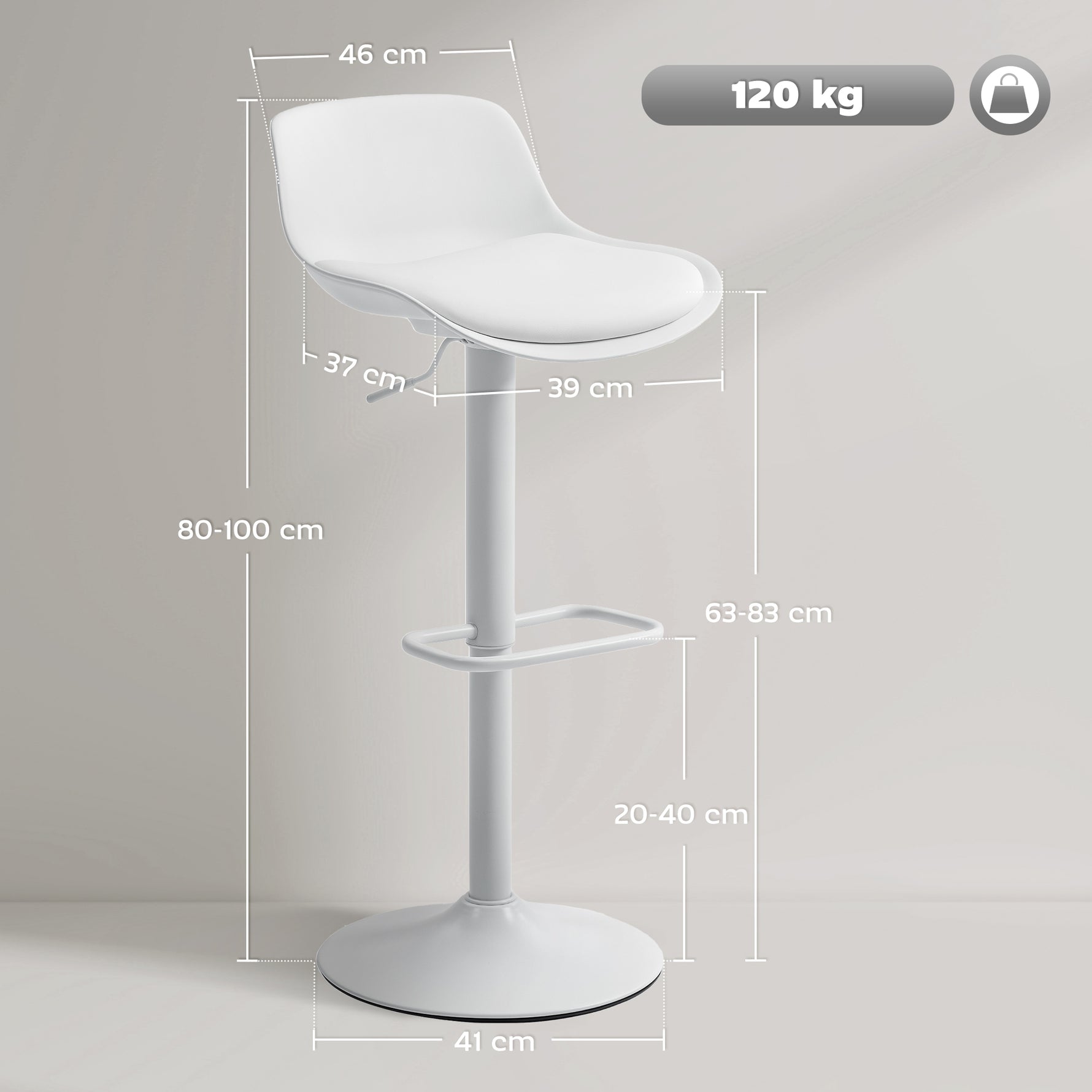 Lot de 2 tabourets de bar, tabourets hauts cuisine avec siège pivotant et hauteur réglable, 43 x 45 x 100 cm, blanc