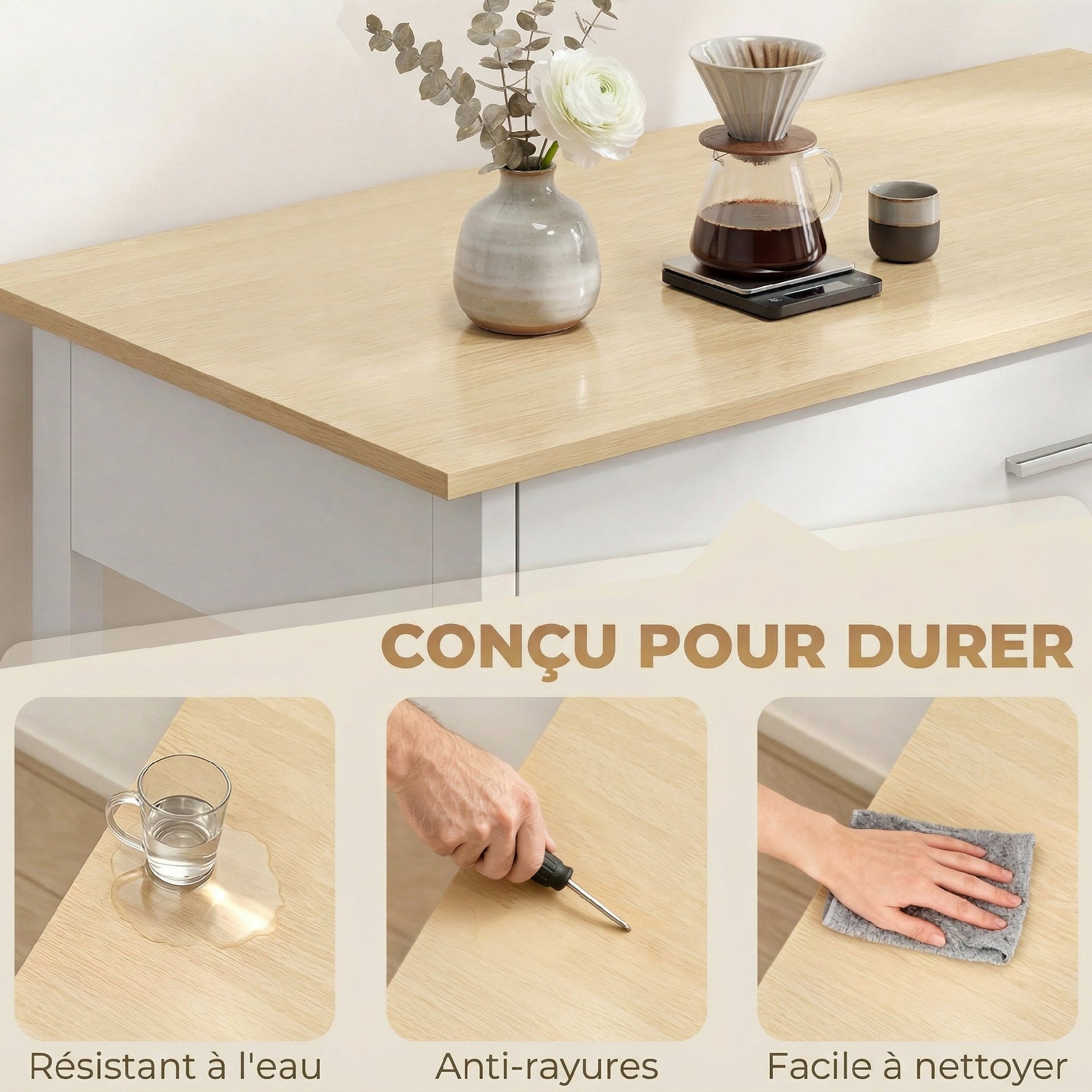 Desserte de cuisine à roulettes, îlot central cuisine avec plan de travail, tiroir, étagères, porte-serviettes, blanc