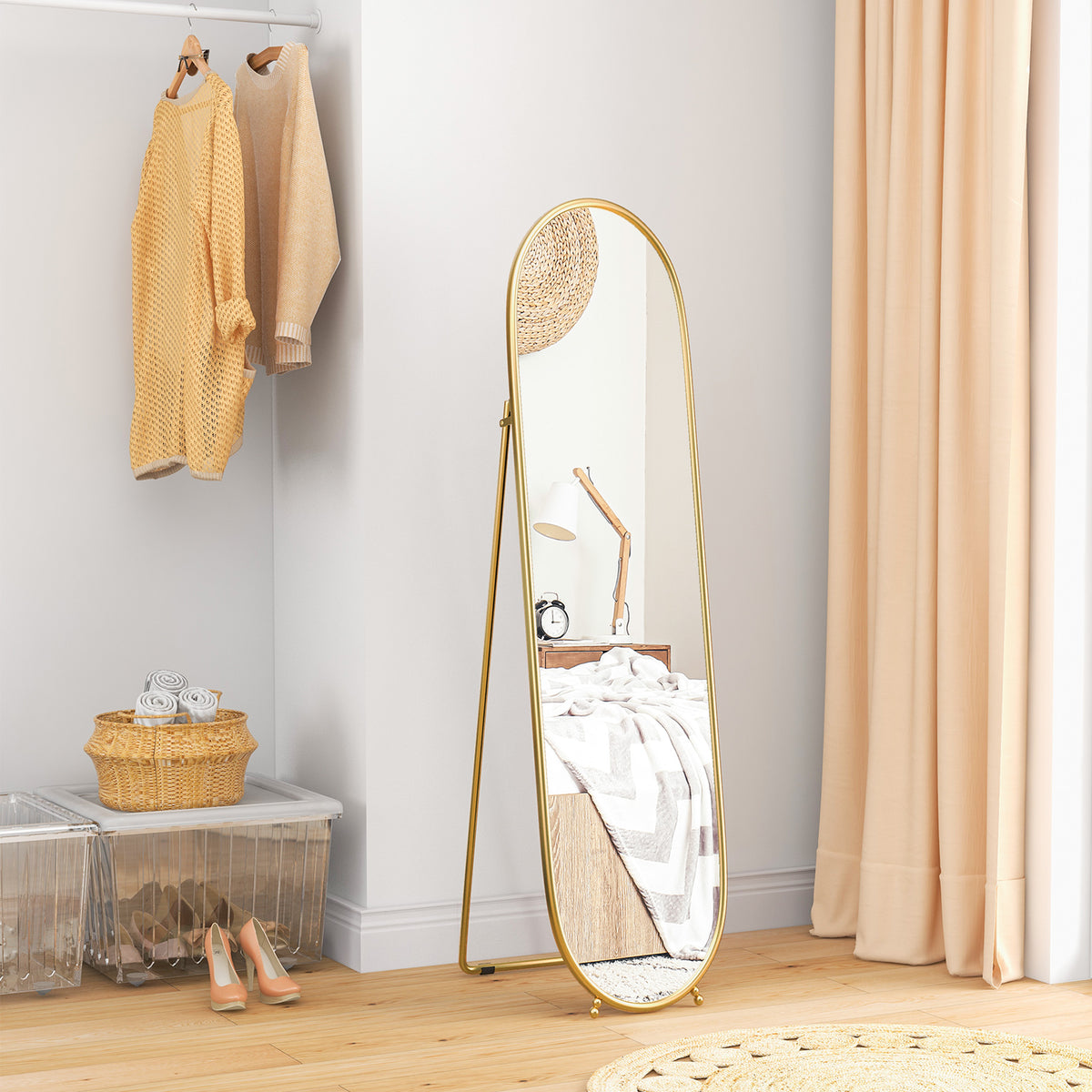 Grand miroir sur pied, miroir ovale, cadre en métal doré, avec support pour entrée, chambre, dressing, 40 x 160 cm