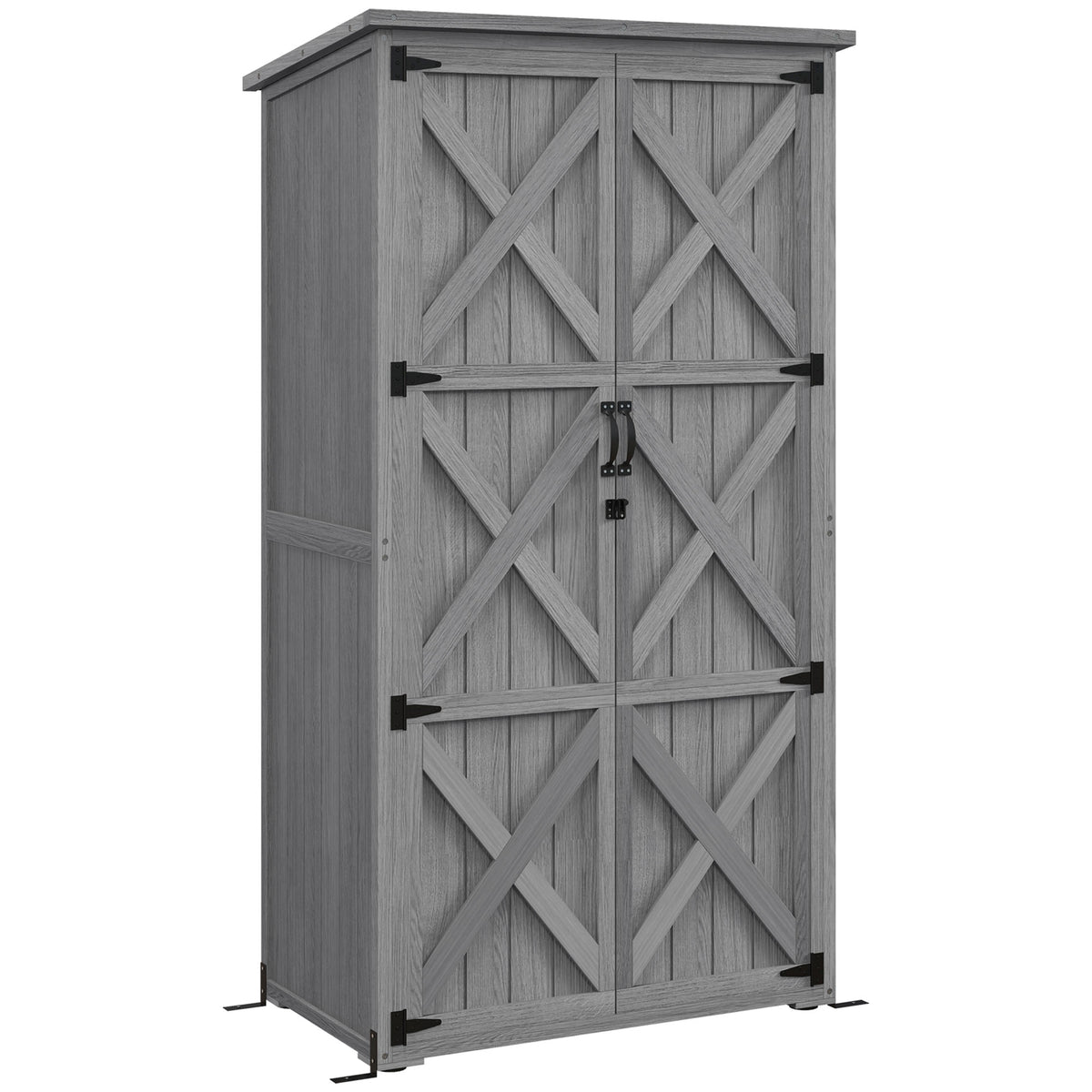 Armoire de jardin, abri jardin sur pied, avec 2 étagères, toit incliné et bitumé, en bois massif, 90x54,5x168,5cm, gris
