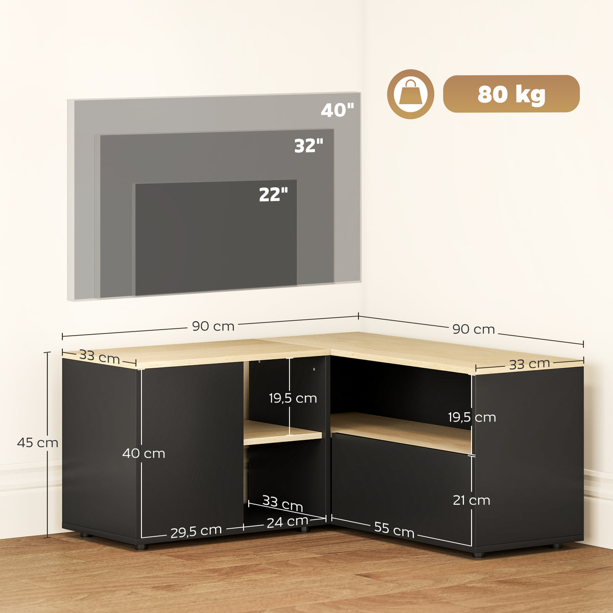 Corner TV stand, television bench for up to 40 inches with 2 cabinets and 3 compartments, 90 x 90 x 45 cm, oak and black