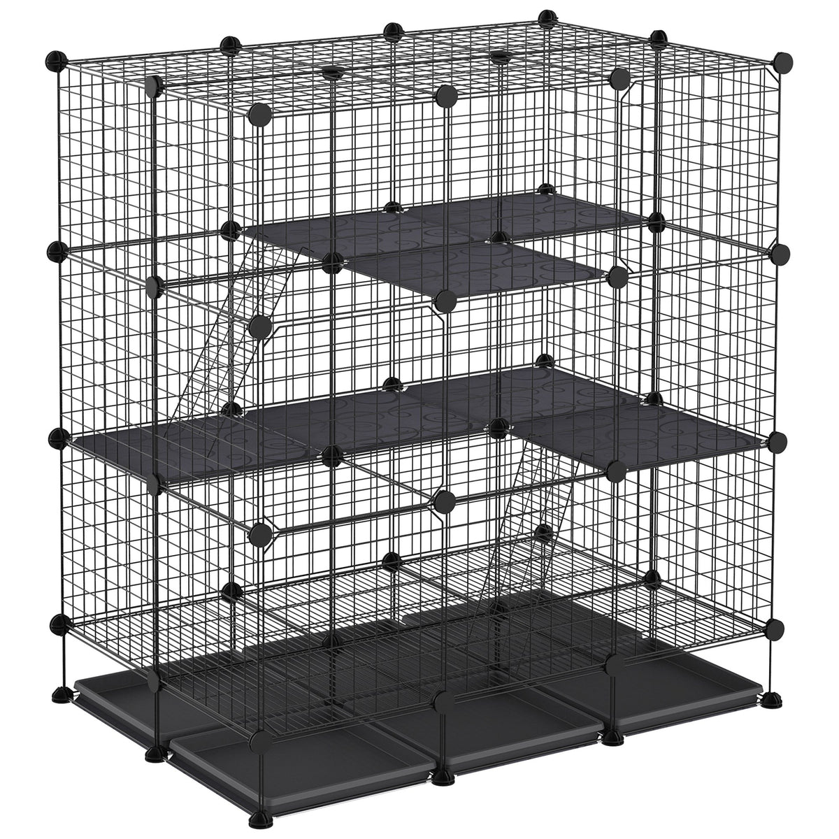 Cage parc enclos rongeurs modulable dim. L 111 x l 75 x H 119 cm 3 niveaux 4 portes fil métallique noir