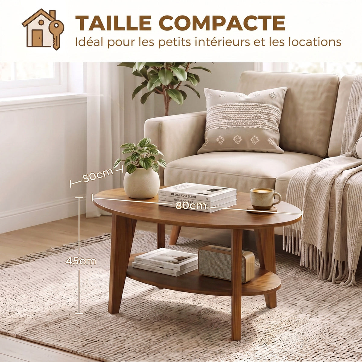 Table Basse Ovale à 2 Niveaux, Table de Salon Moderne avec Étagère Inférieure Ouverte, 80 x 50 x 45 cm, Chêne