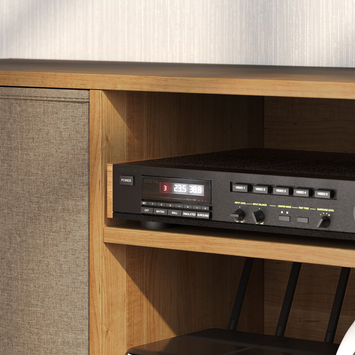 Meuble TV bas sur pieds style contemporain avec 2 tiroirs en tissu dim. 110L x 29l x 46,5H cm - passe-câbles - MDF