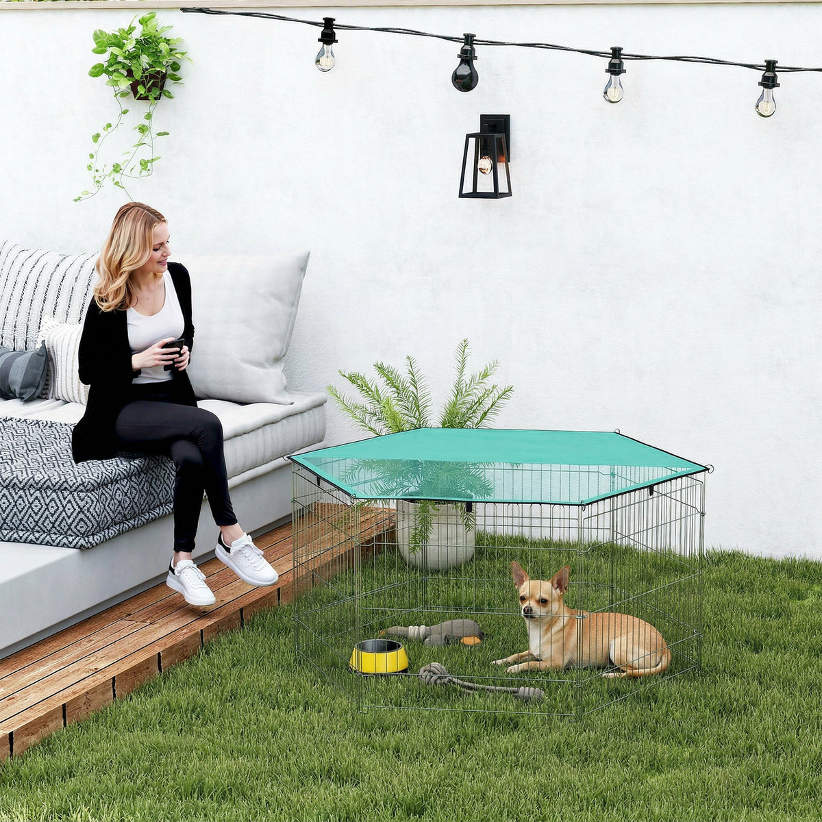 Parc pour chien, enclos chien 6 panneaux avec toit, modulable et pliable, enclos portable 60H cm avec porte, clôture pour chat, chiens de petit taille, intérieur et extérieur, argent, vert
