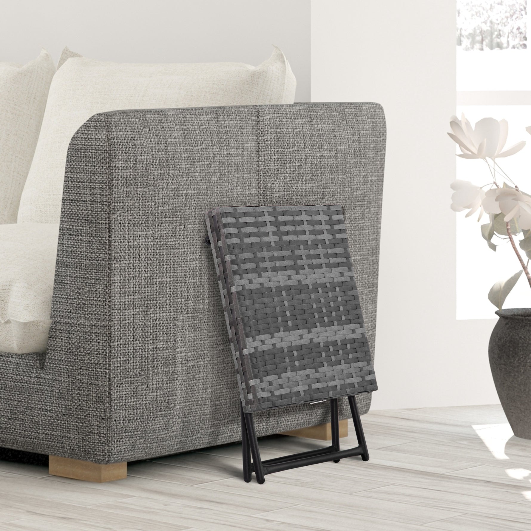 Table basse pliable de jardin style cosy chic dim. 40L x 40l x 40H cm métal époxy résine tressée imitation rotin gris