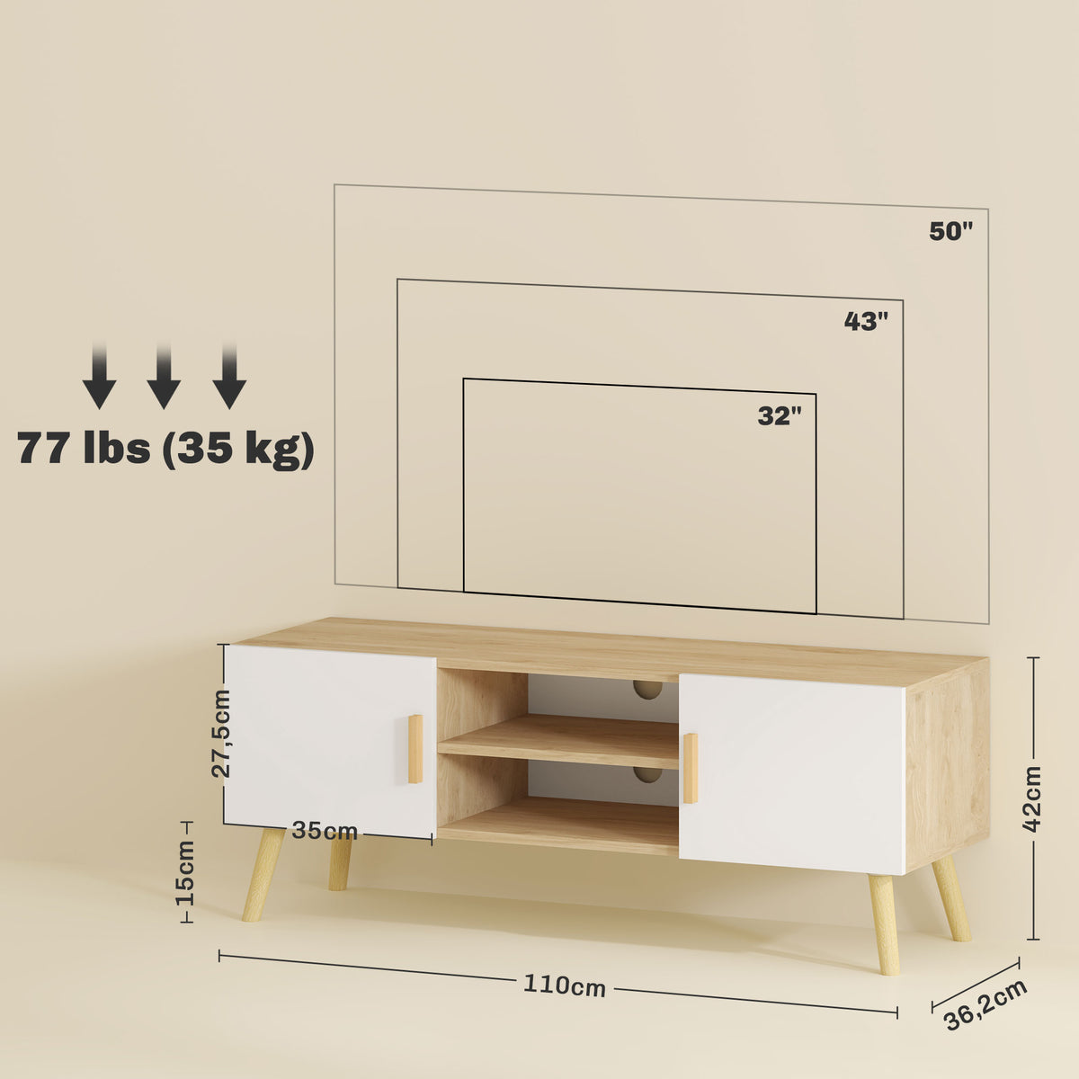 Meuble TV meuble télé bois banc TV jusqu'à 50 pouces avec étagères, 2 placards et passe-câbles, chêne
