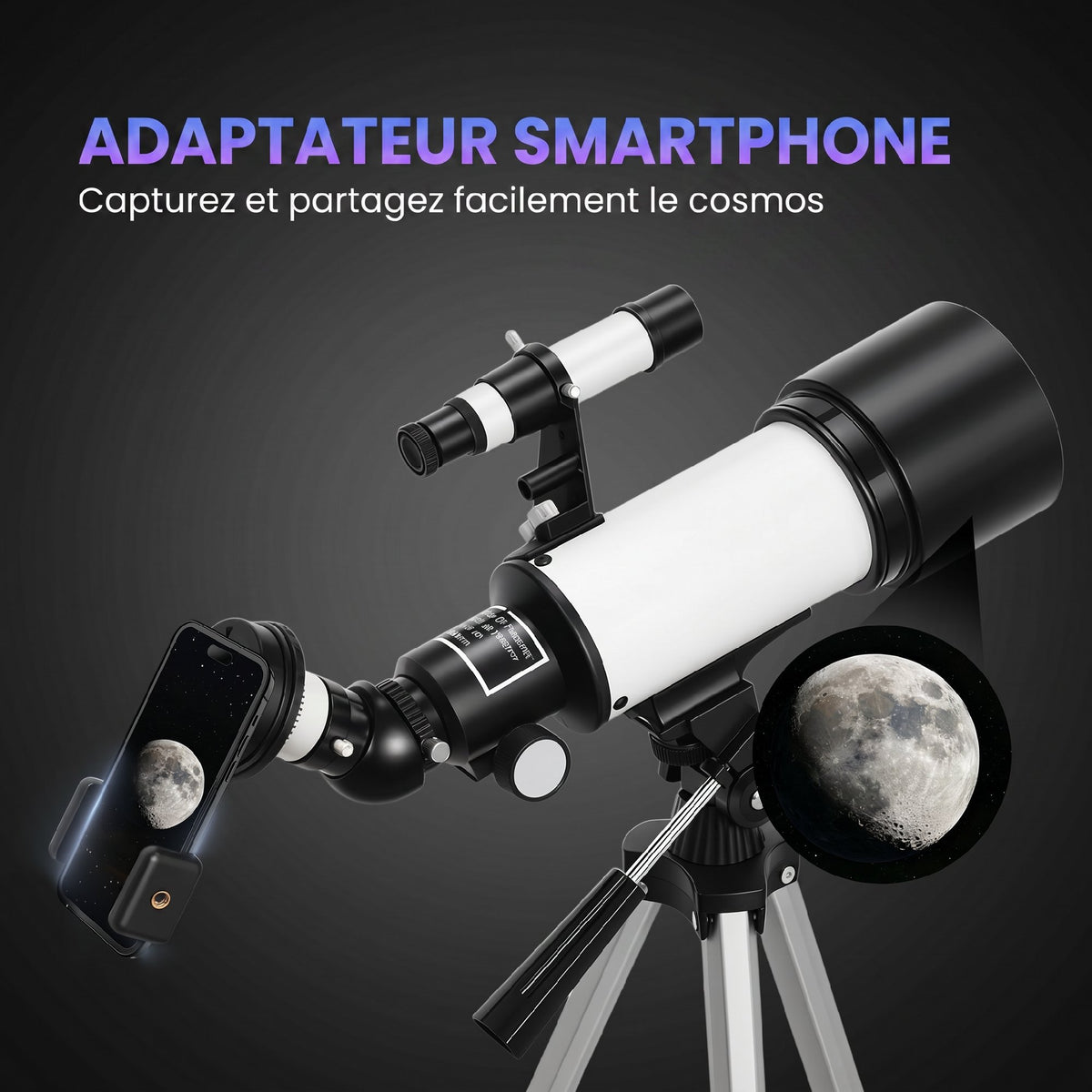 Télescope Astronomique pour Adultes et Débutants 70 mm, 2 Oculaire 40X/16X, Trépied Réglable, 80 x 80 x 135 cm, Blanc