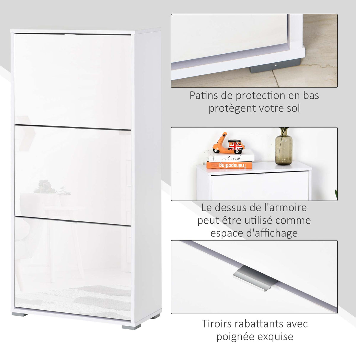Meuble à Chaussures Armoire à chaussures 3 Portes abattantes 3 Compartiments en bois 60L x 26I x 124H cm Blanc laqué