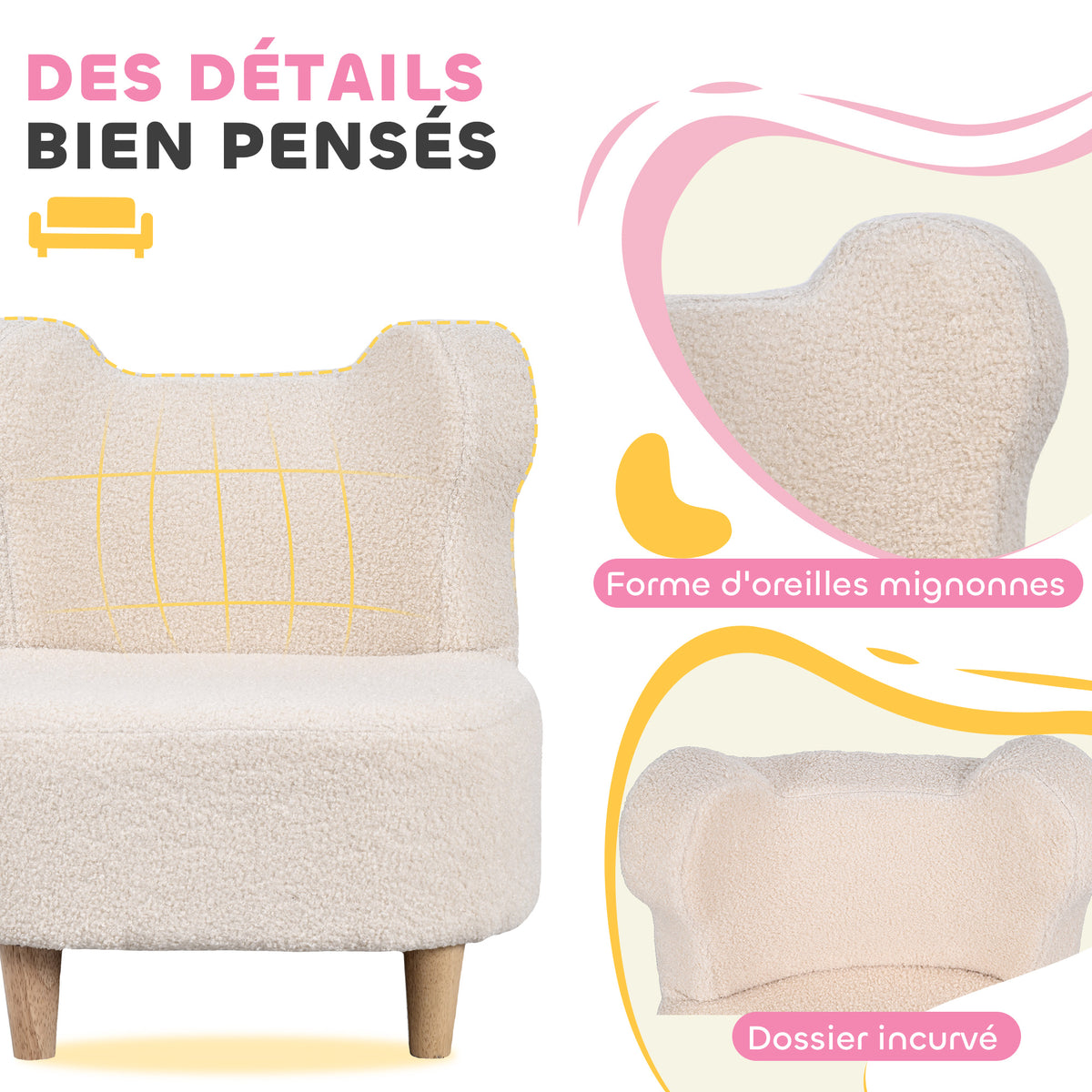 Fauteuil enfants canapé pour enfants avec dossier en forme ours, tissu en polaire teddy, 47 x 43 x 53 cm, beige