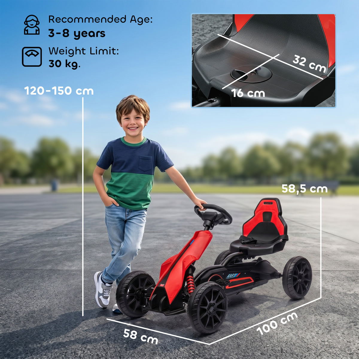 Kart à pédales pour enfants avec siège ajustable 4 positions et roues en EVA 100 x 58 x 58,5 cm rouge et noir