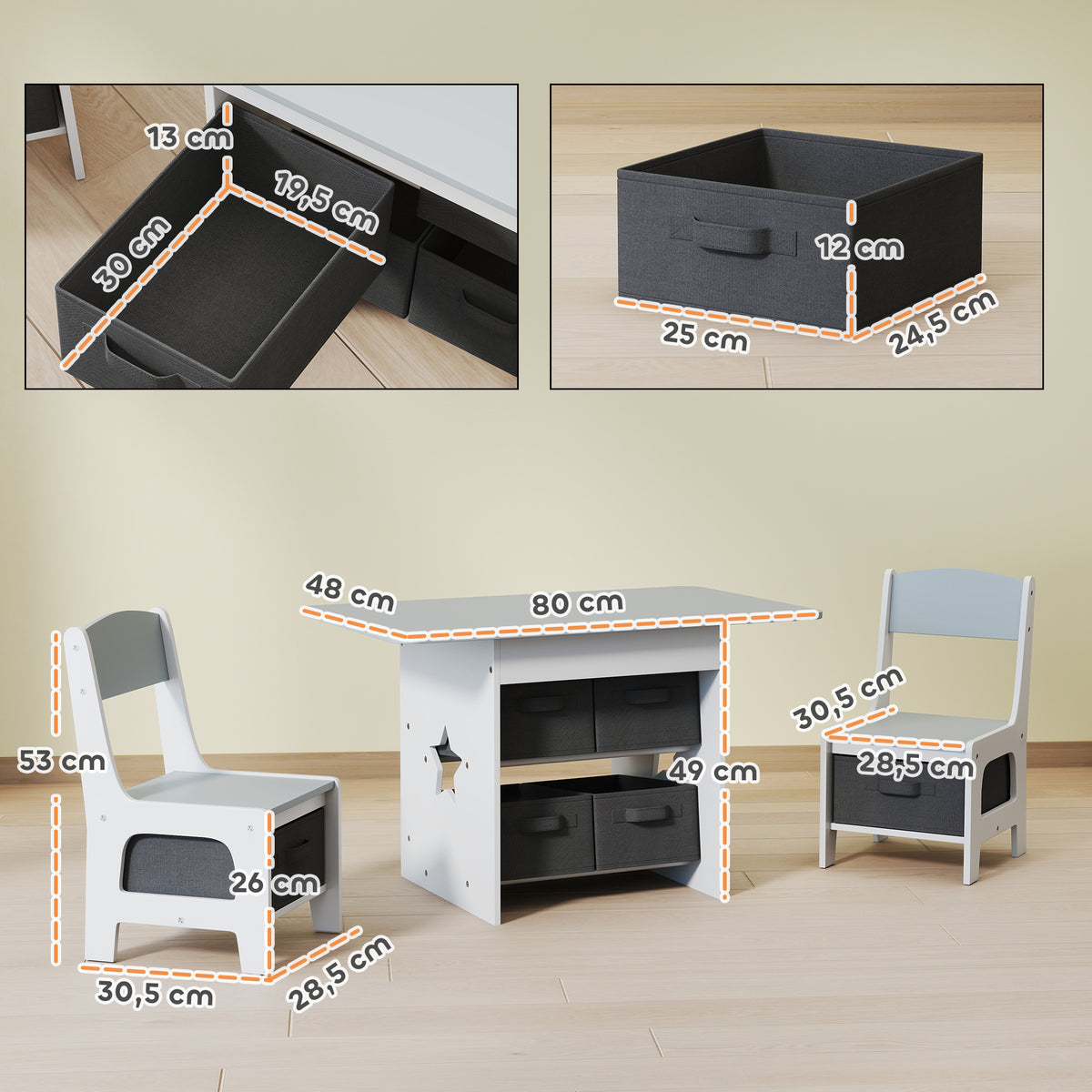 Ensemble table et 2 chaises enfant avec 6 tiroirs amovibles, pour fille garçon 3-8 ans, gris