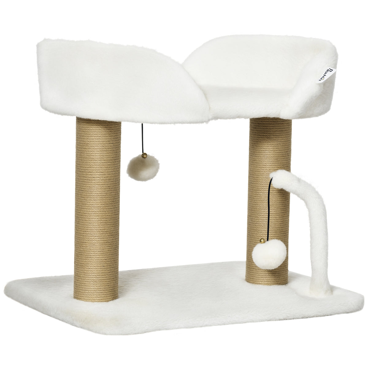 Arbre à chat grattoir design avec jeu 2 pompons suspendus 2 poteaux sisal plateforme peluche sisal 48 x 38 x 42 cm beige