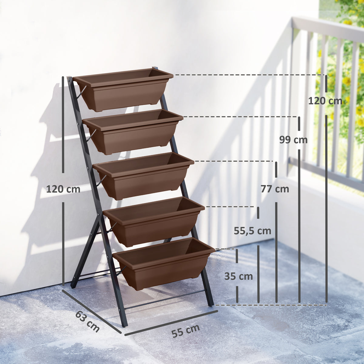 Jardinière surélevée avec étages jardinière verticale avec 5 bacs à fleurs trous de drainage cadre en acier marron