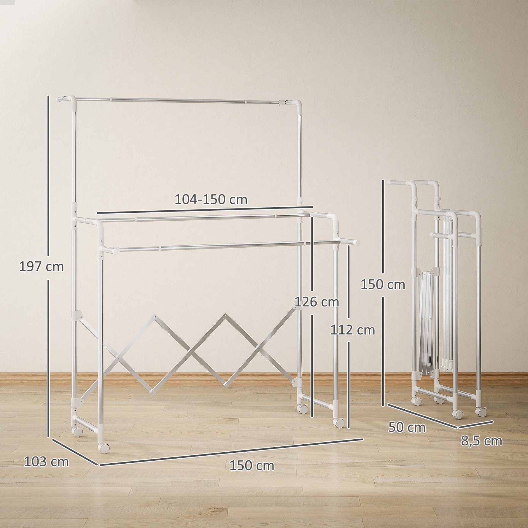 Séchoir à linge pliable étendoir linge intérieur à 3 barres réglables et 4 roulettes 104-150 x 103 x 145-197 cm argent