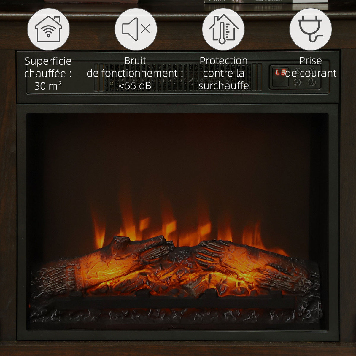 Cheminée électrique effet flammes LED luminosité réglable avec télécommande - 1800 W - 80,5 x 32,3 x 80,5 cm