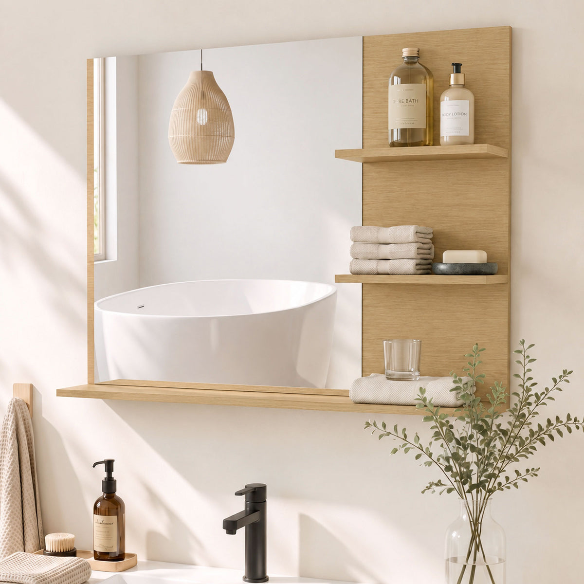 Miroir Salle de Bain avec 3 Étagères 60 x 48 cm, Miroir Mural Modern pour chambre à coucher, bureau, Chêne
